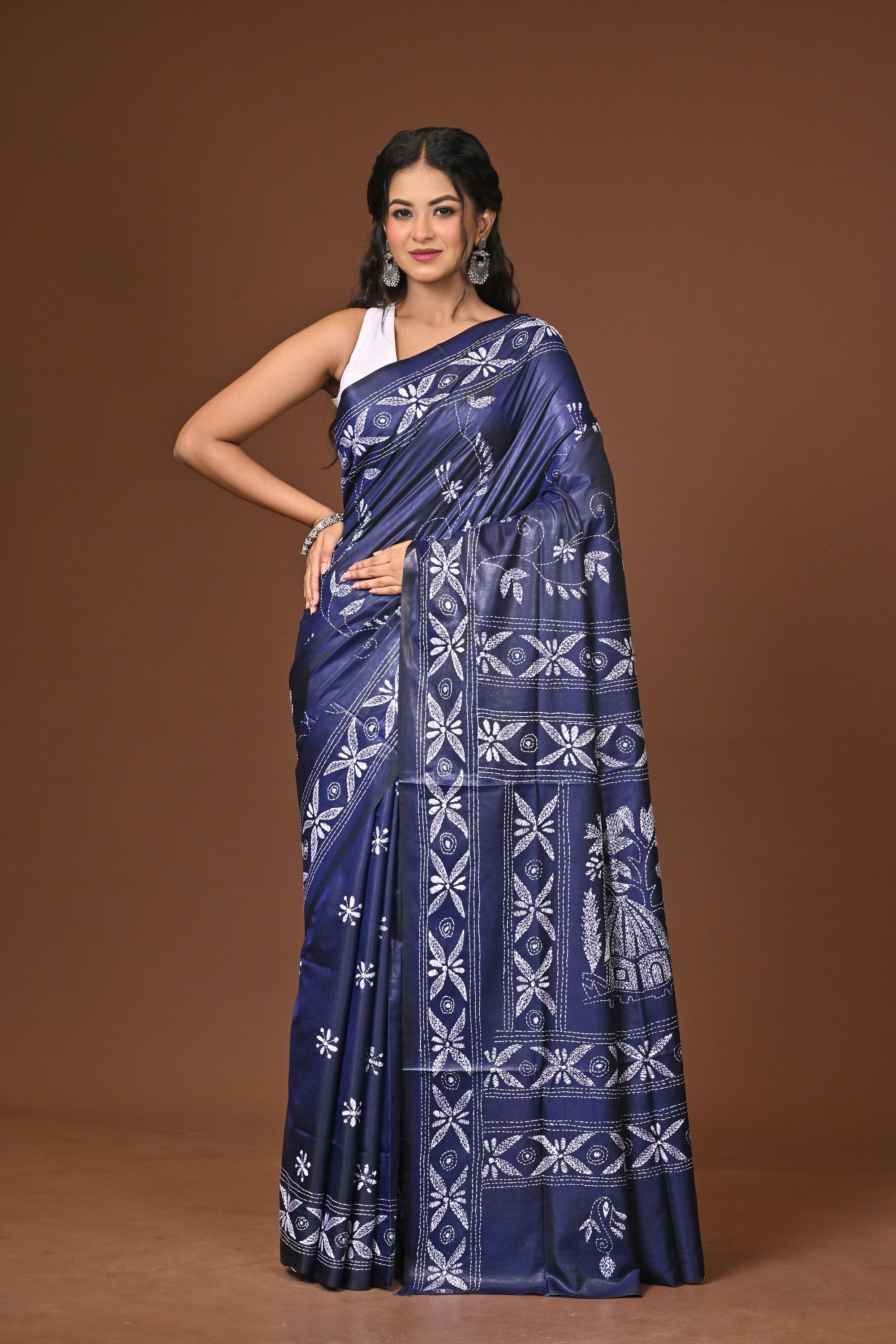 Blended Silk Kantha Stitch Saree Blue Thumbnail