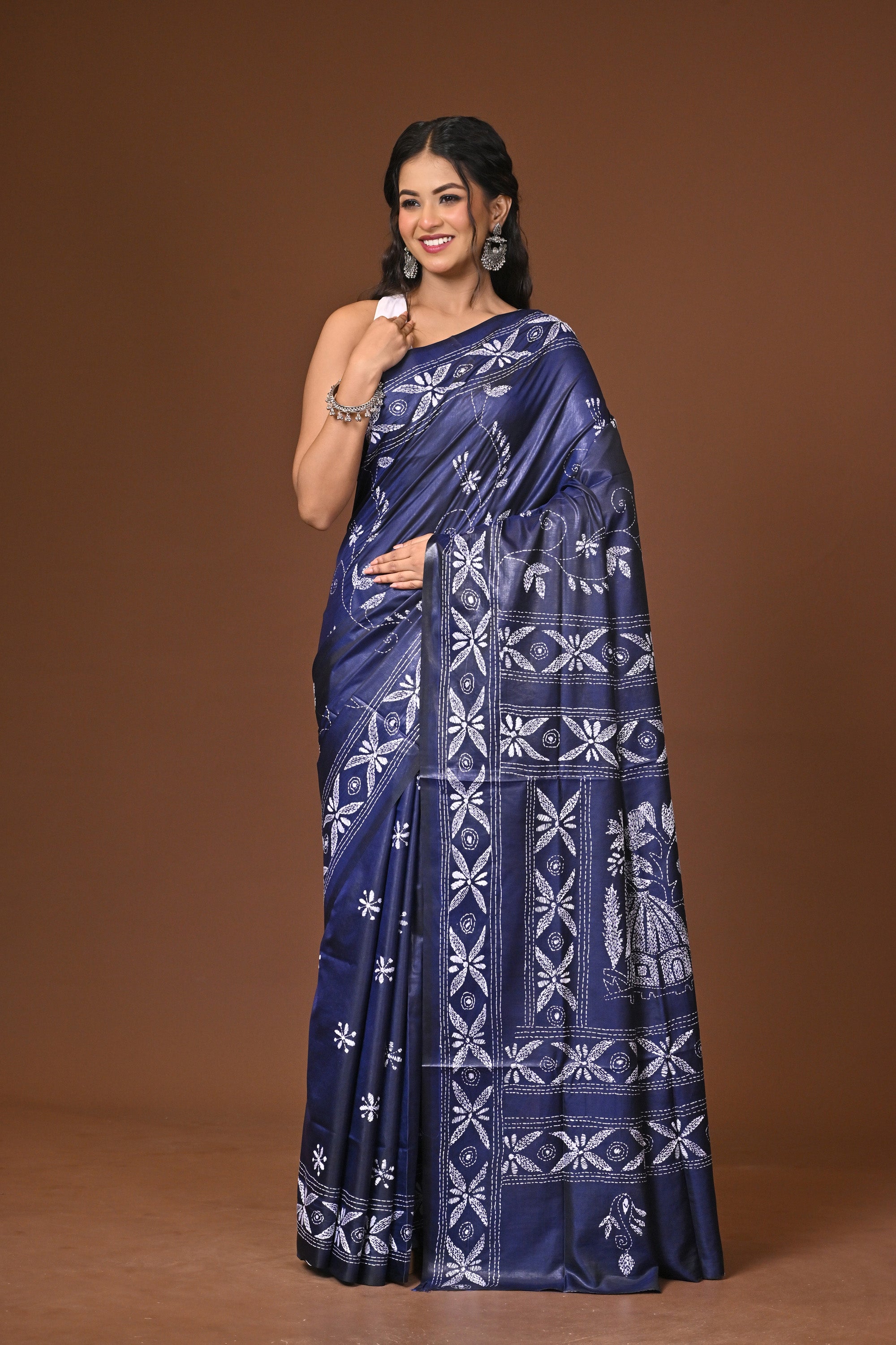 Blended Silk Kantha Stitch Saree Blue Thumbnail