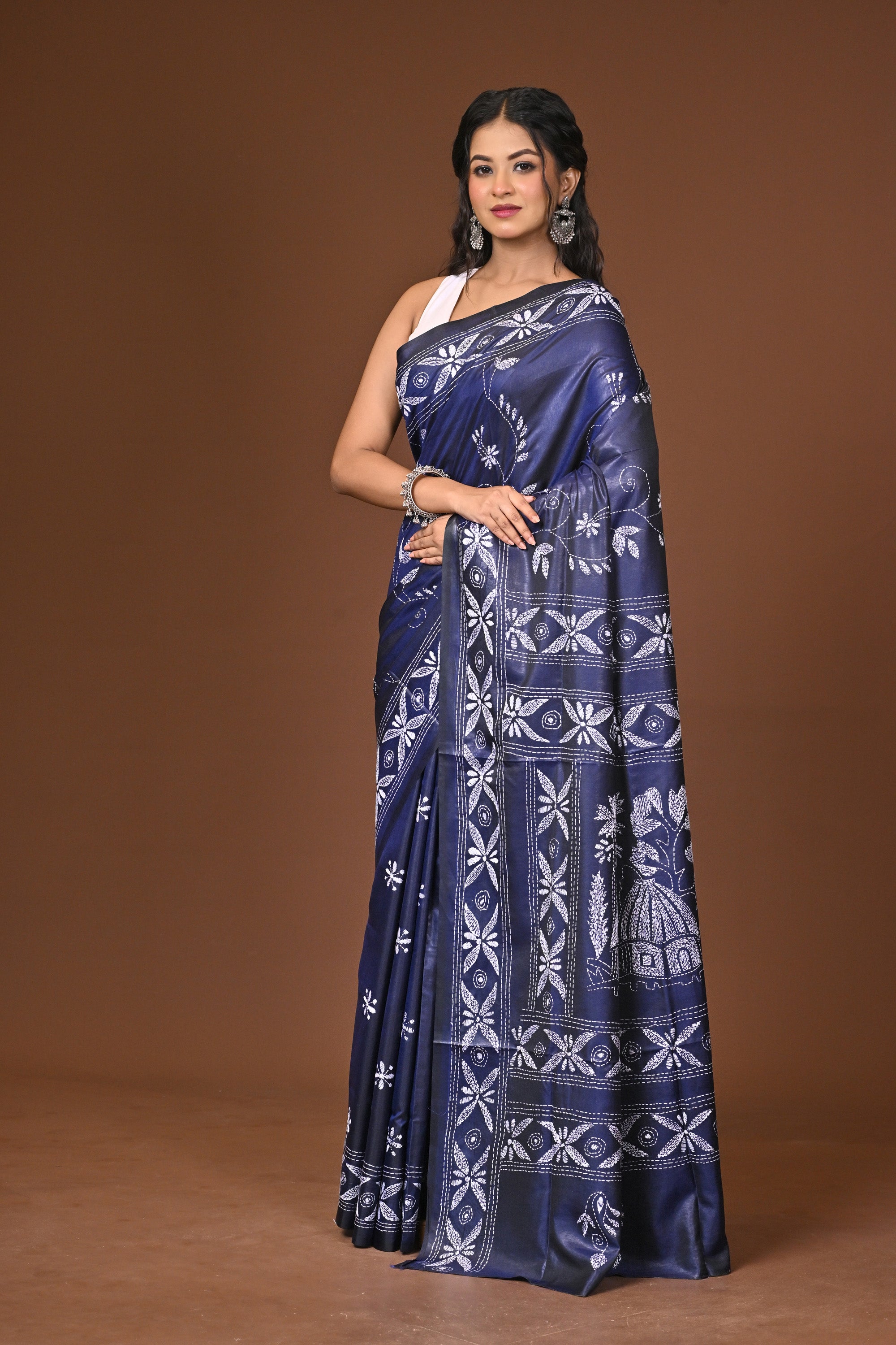 Blended Silk Kantha Stitch Saree Blue Thumbnail