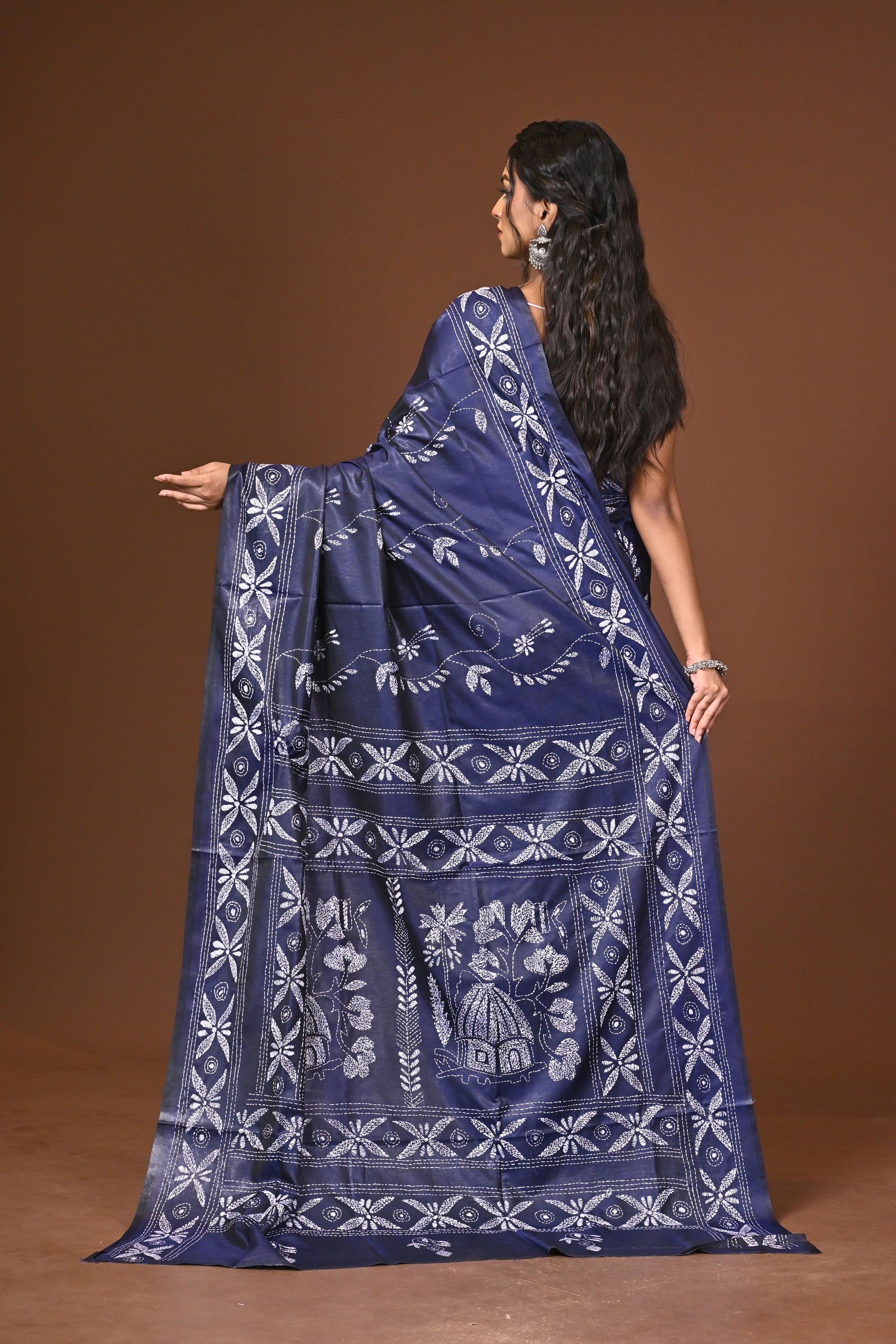 Blended Silk Kantha Stitch Saree Blue Thumbnail