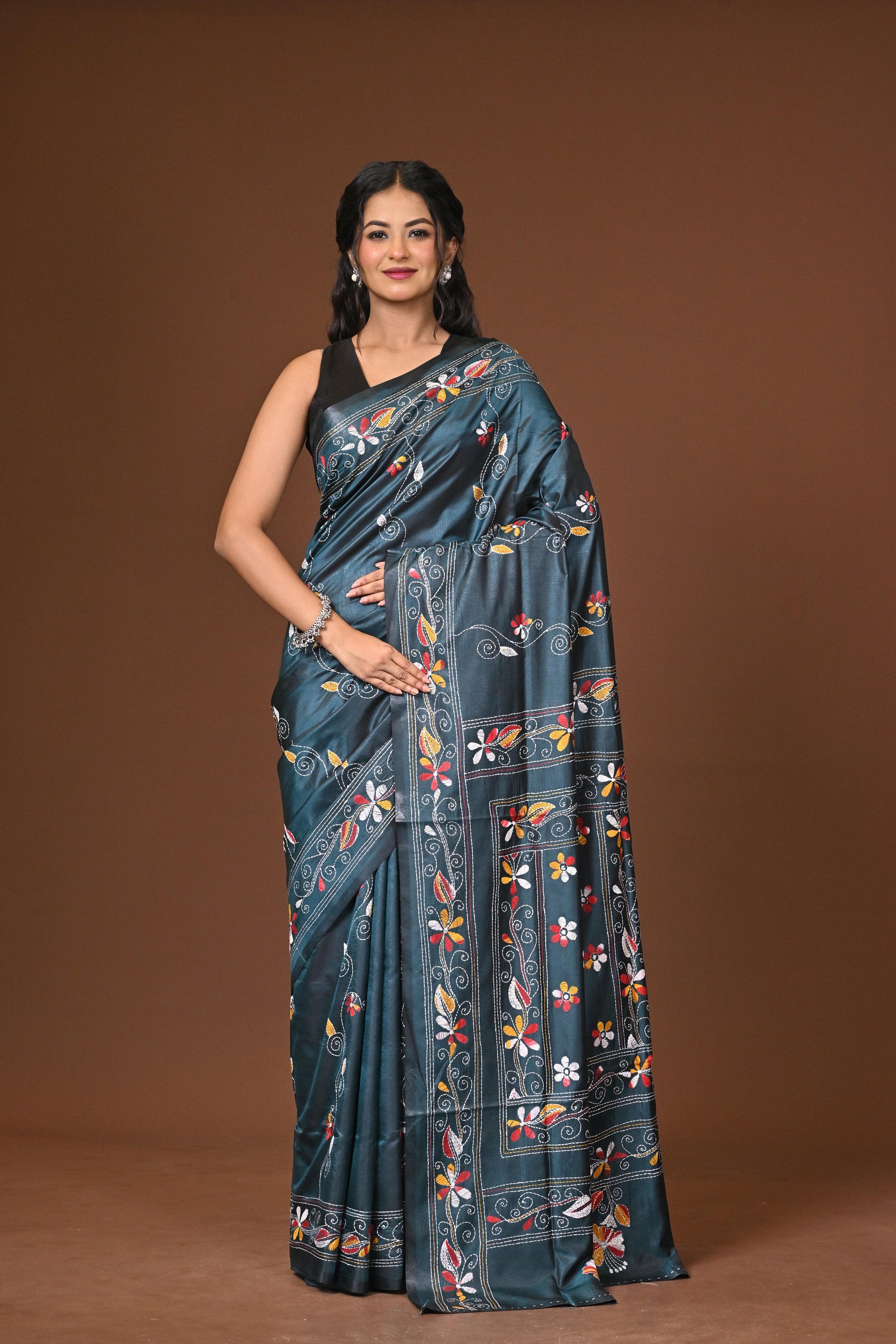 Blended Silk Kantha Stitch Saree Blue