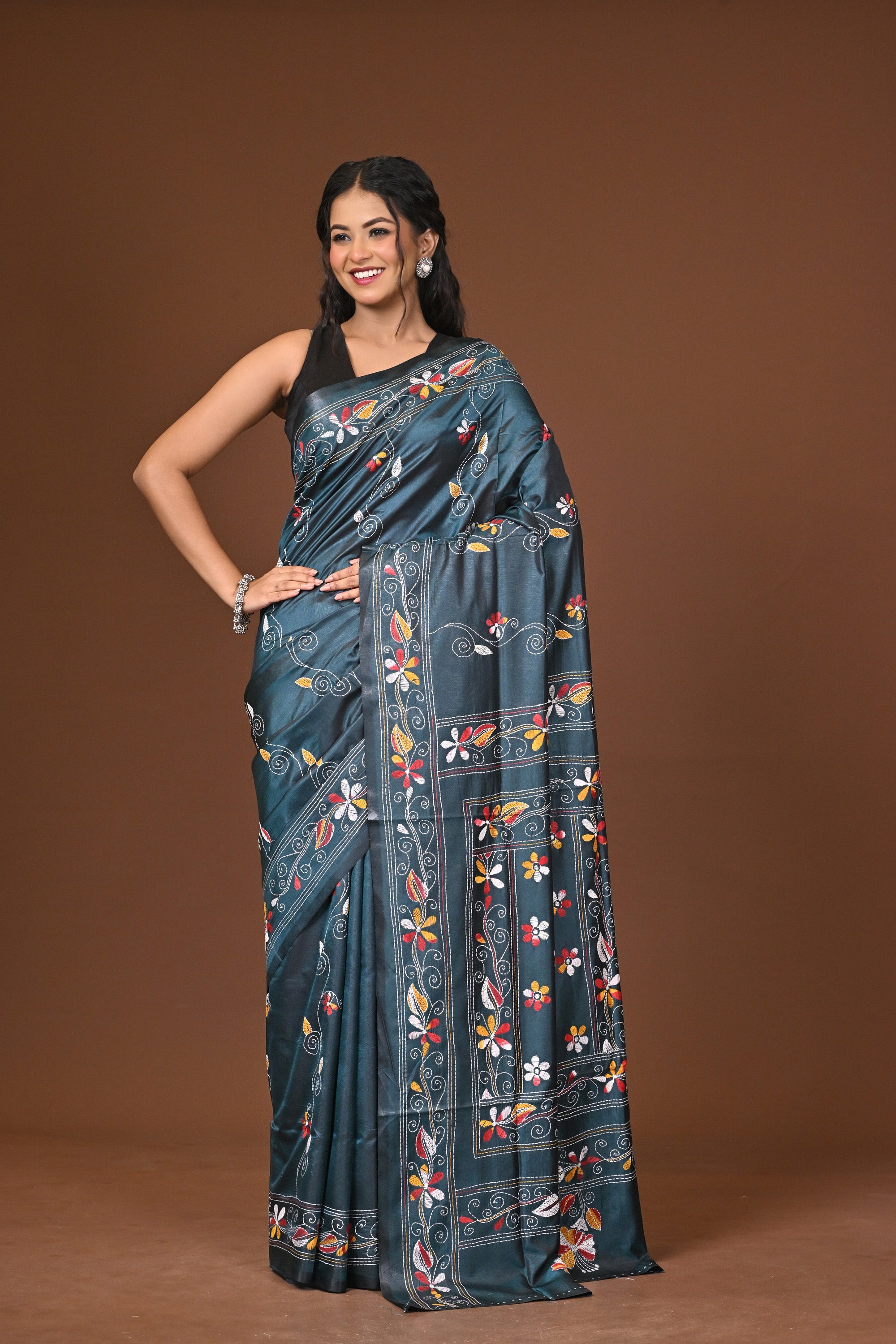 Blended Silk Kantha Stitch Saree Blue Thumbnail