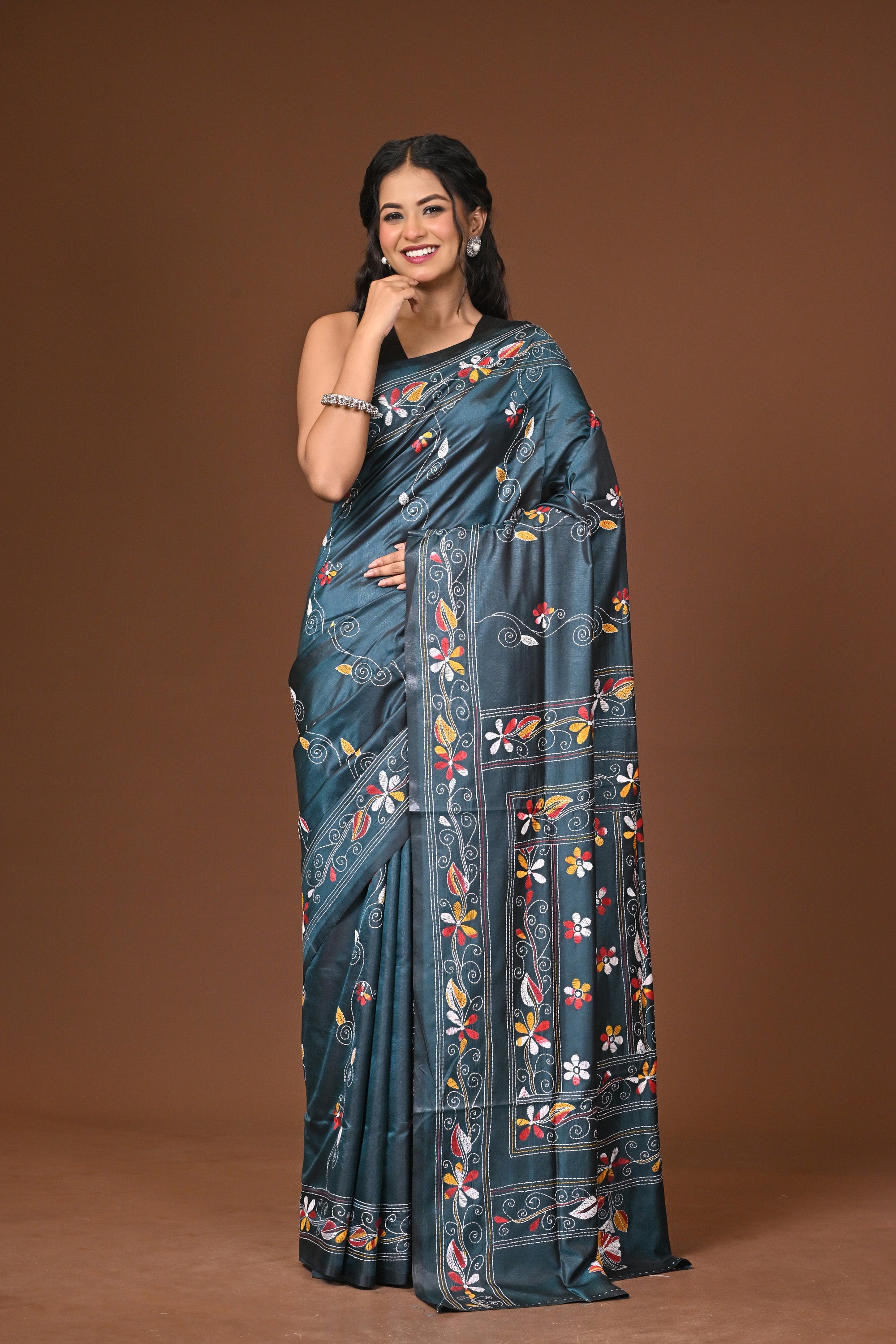 Blended Silk Kantha Stitch Saree Blue Thumbnail