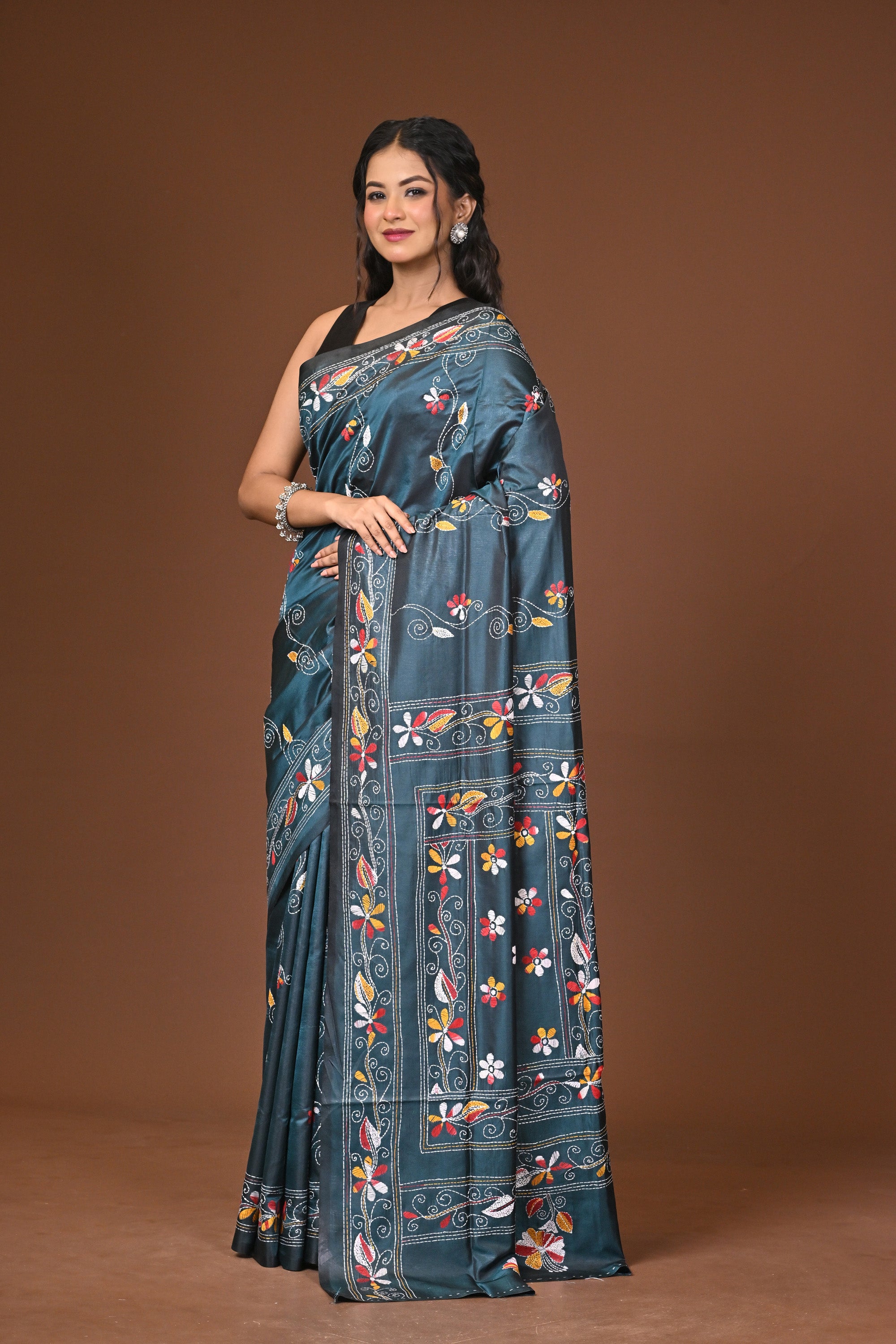 Blended Silk Kantha Stitch Saree Blue Thumbnail