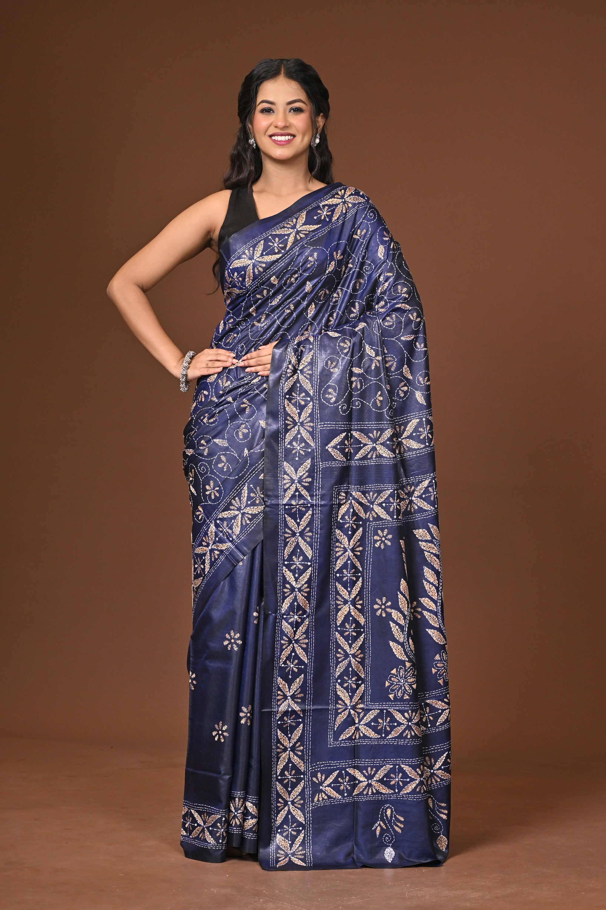 Blended Silk Kantha Stitch Saree Blue Thumbnail