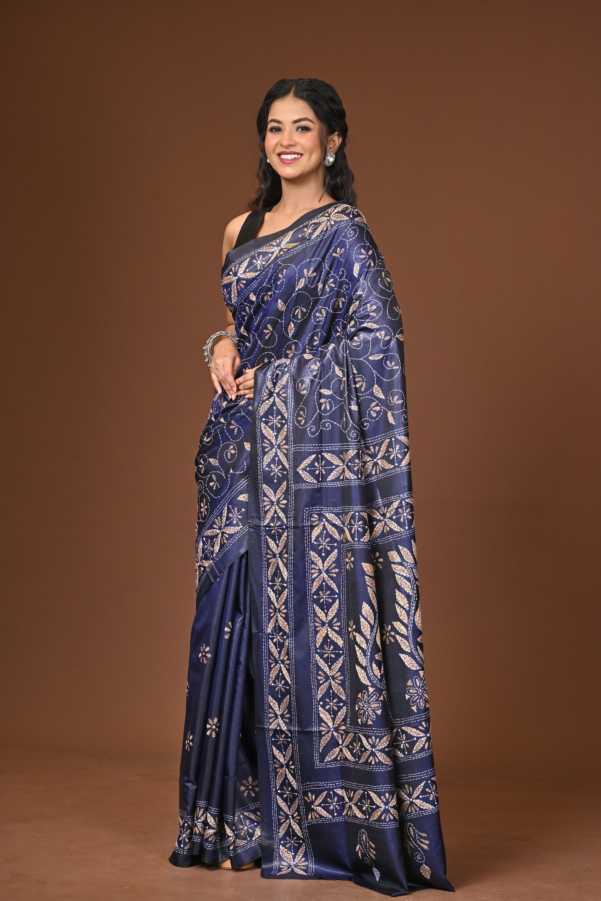 Blended Silk Kantha Stitch Saree Blue Thumbnail