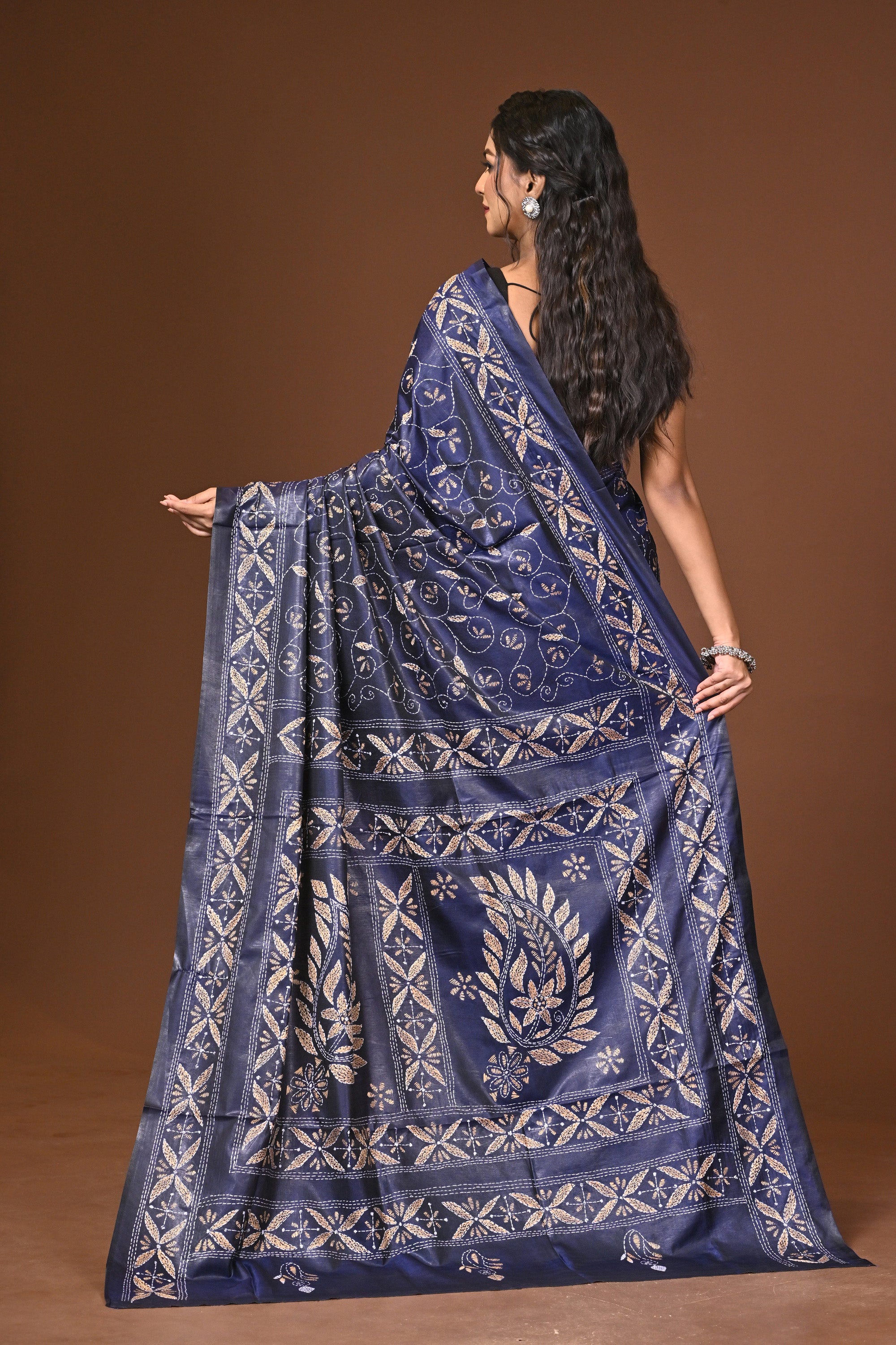 Blended Silk Kantha Stitch Saree Blue Thumbnail