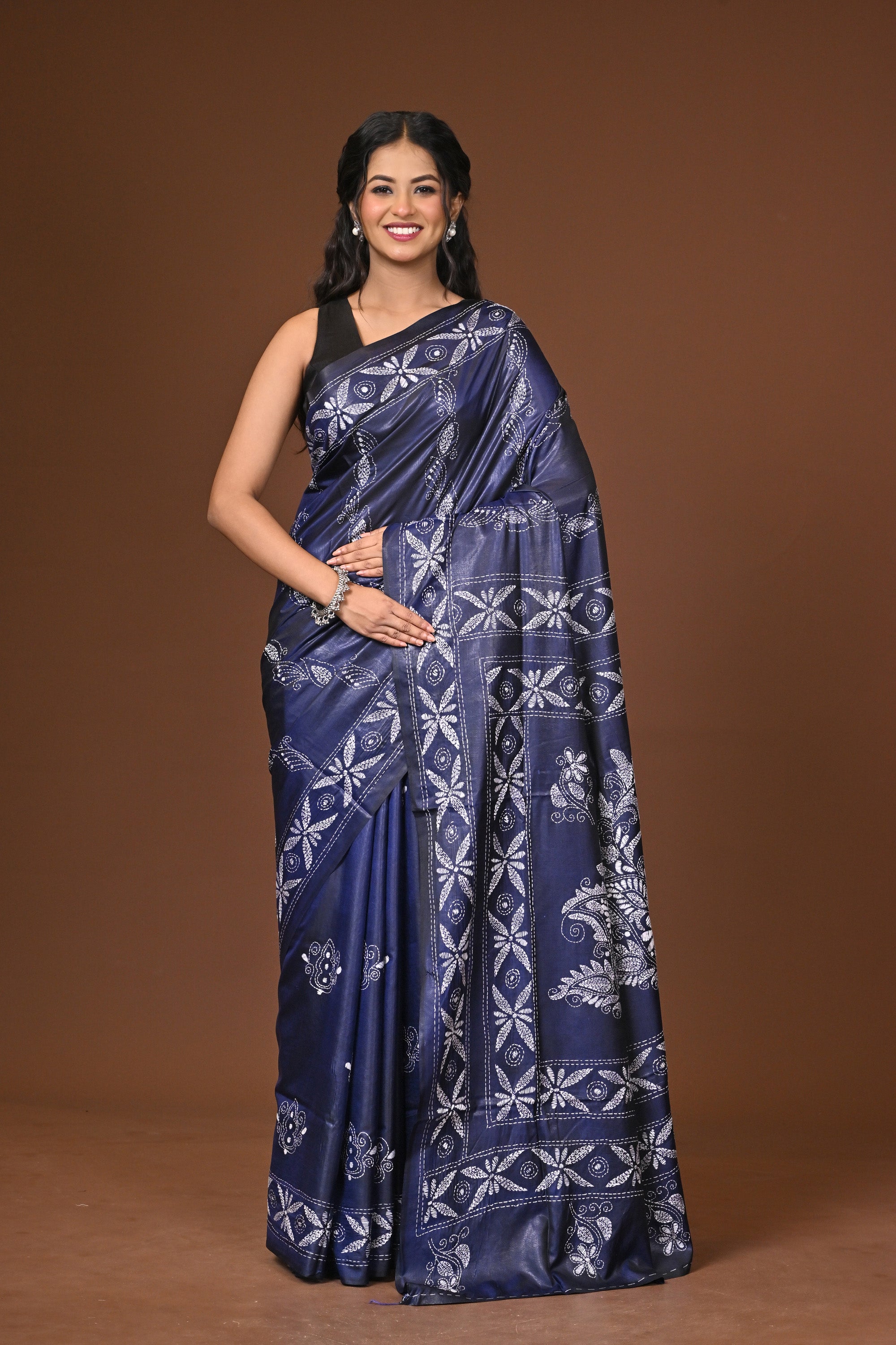 Blended Silk Kantha Stitch Saree Blue Thumbnail