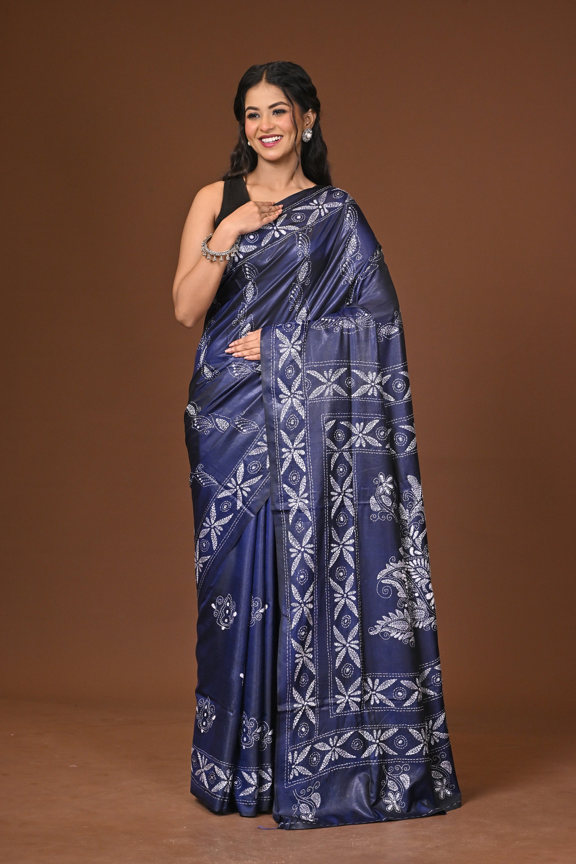 Blended Silk Kantha Stitch Saree Blue Thumbnail