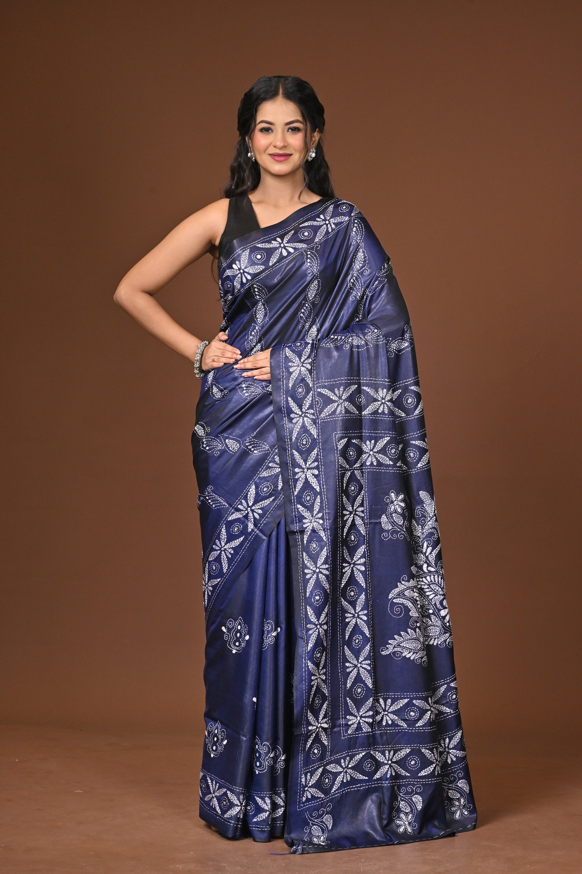 Blended Silk Kantha Stitch Saree Blue Thumbnail