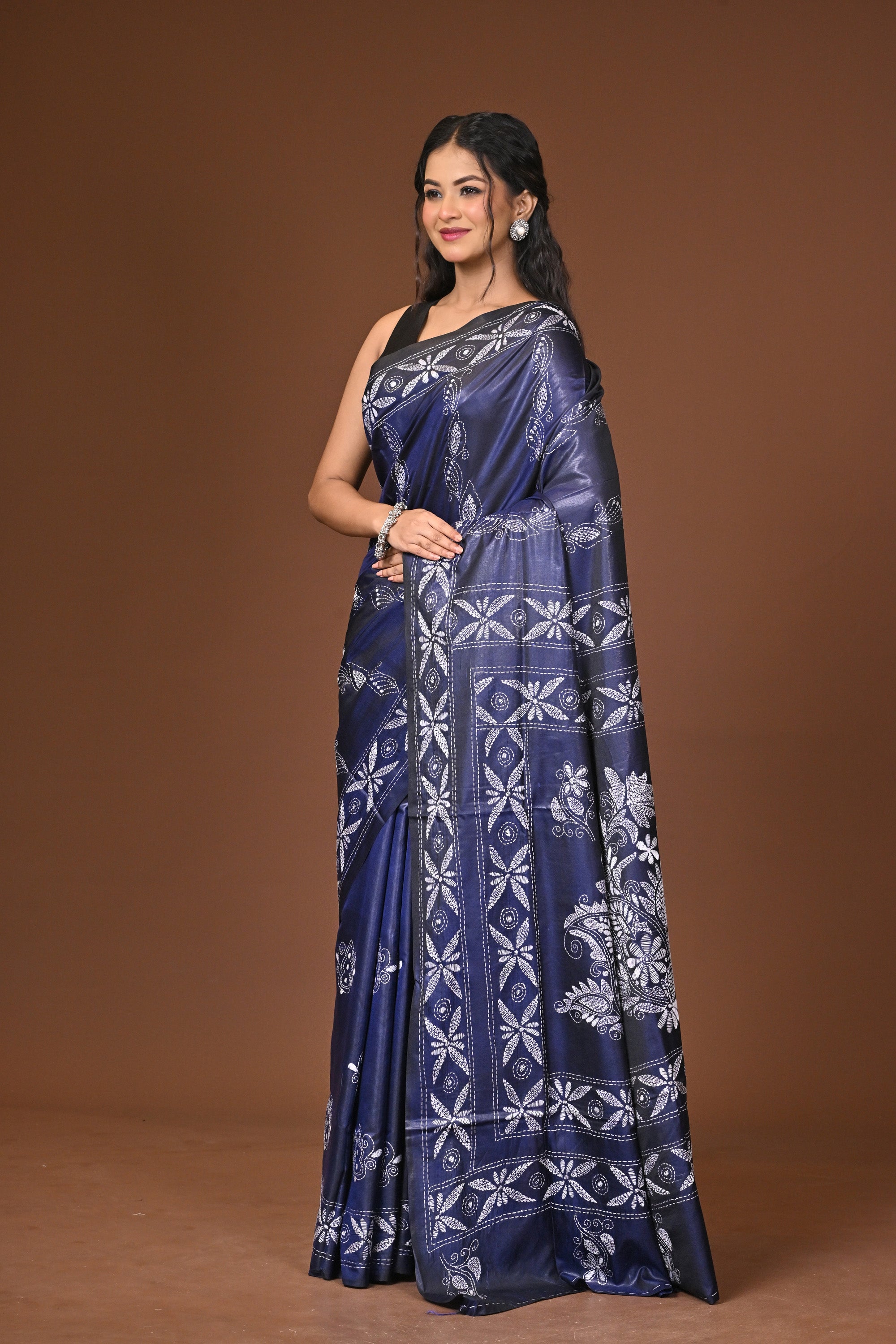 Blended Silk Kantha Stitch Saree Blue Thumbnail