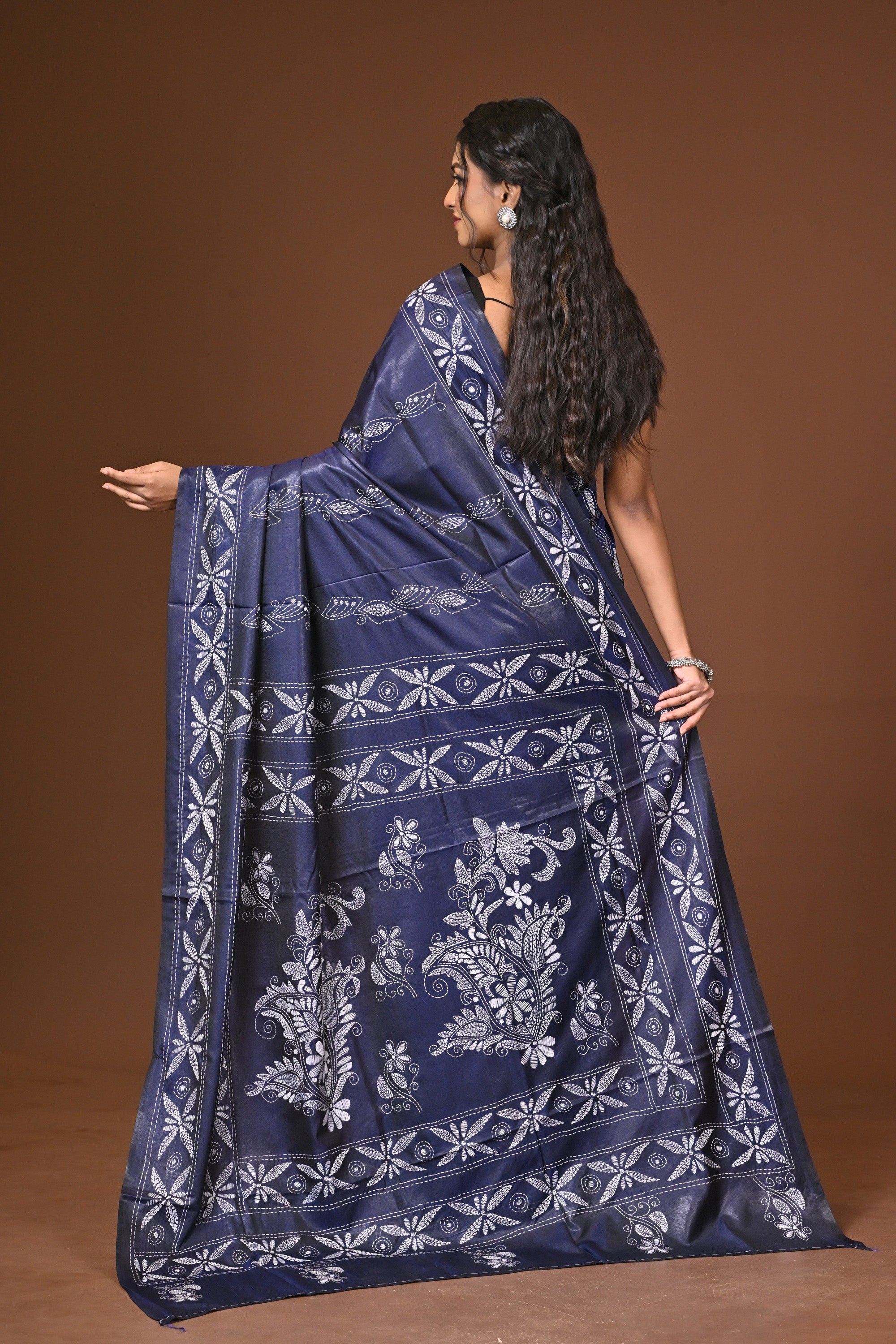 Blended Silk Kantha Stitch Saree Blue Thumbnail