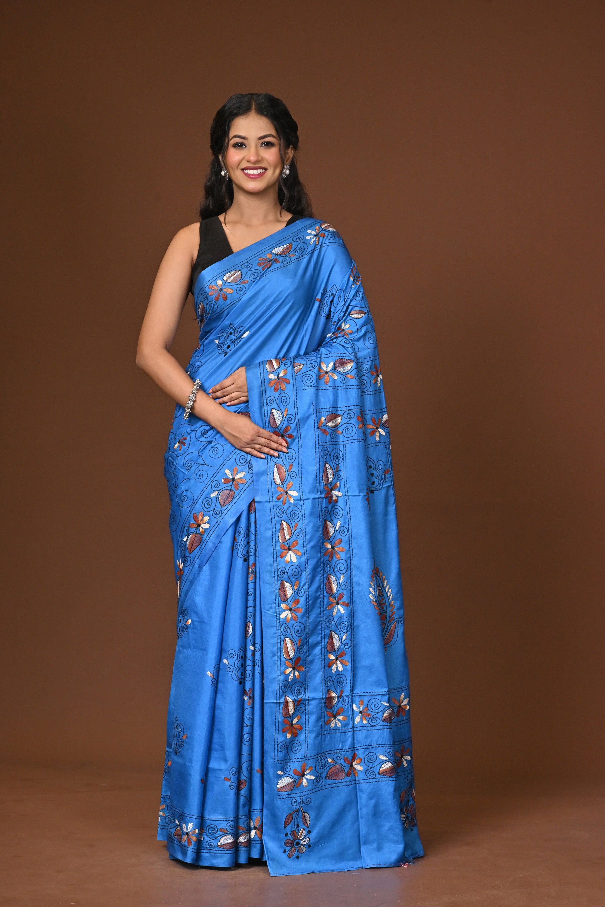 Blended Silk Kantha Stitch Saree Blue