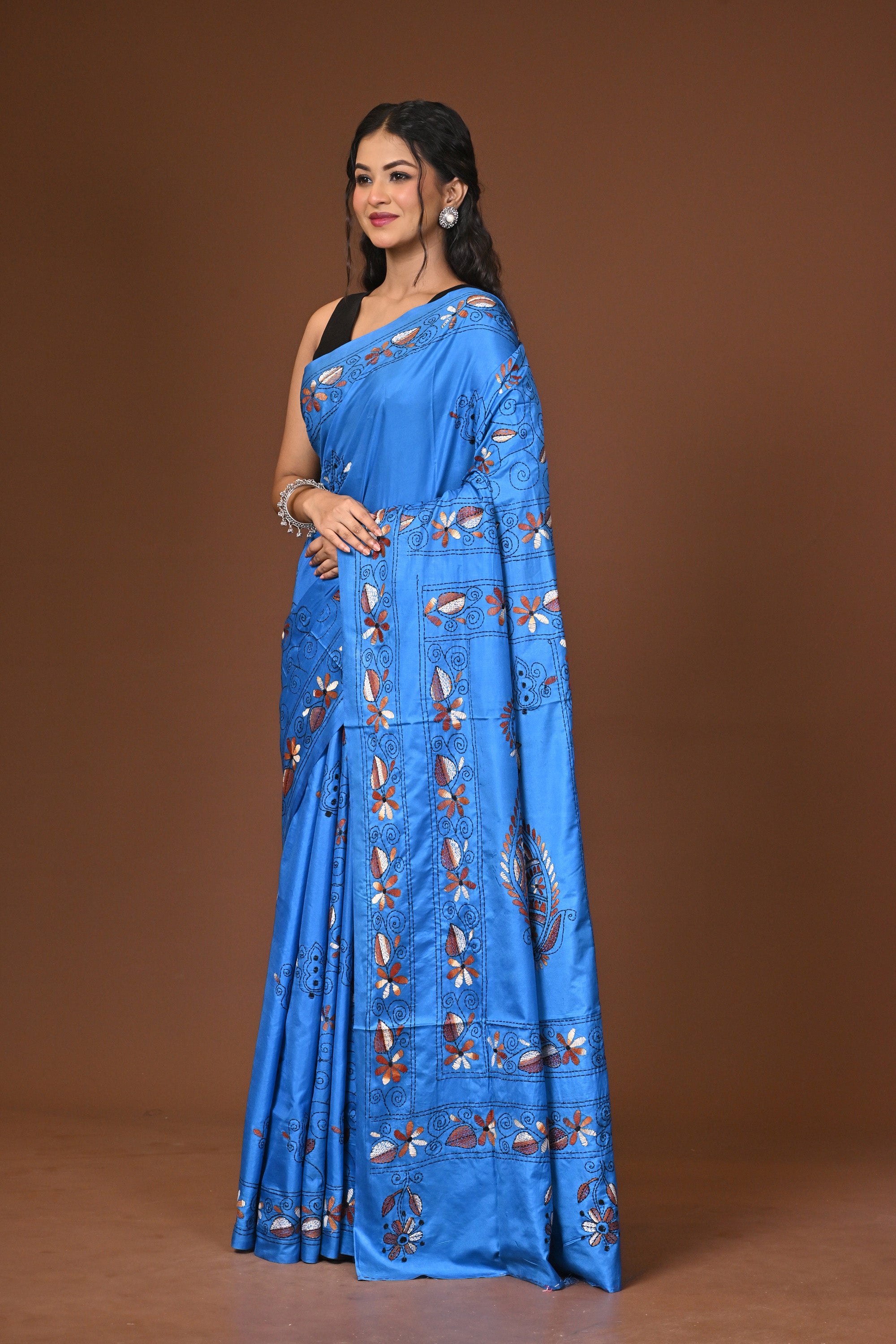 Blended Silk Kantha Stitch Saree Blue Thumbnail