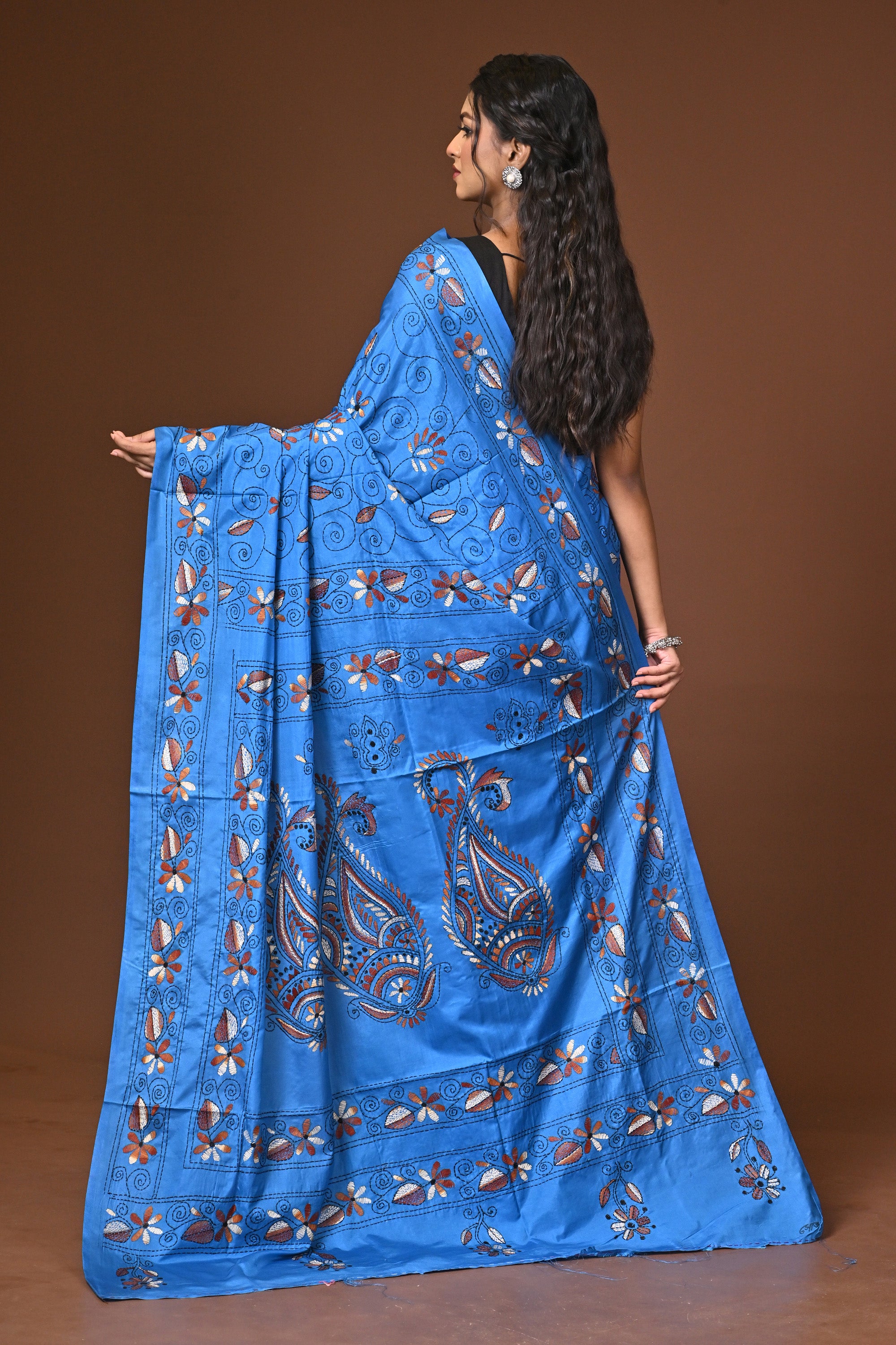 Blended Silk Kantha Stitch Saree Blue Thumbnail