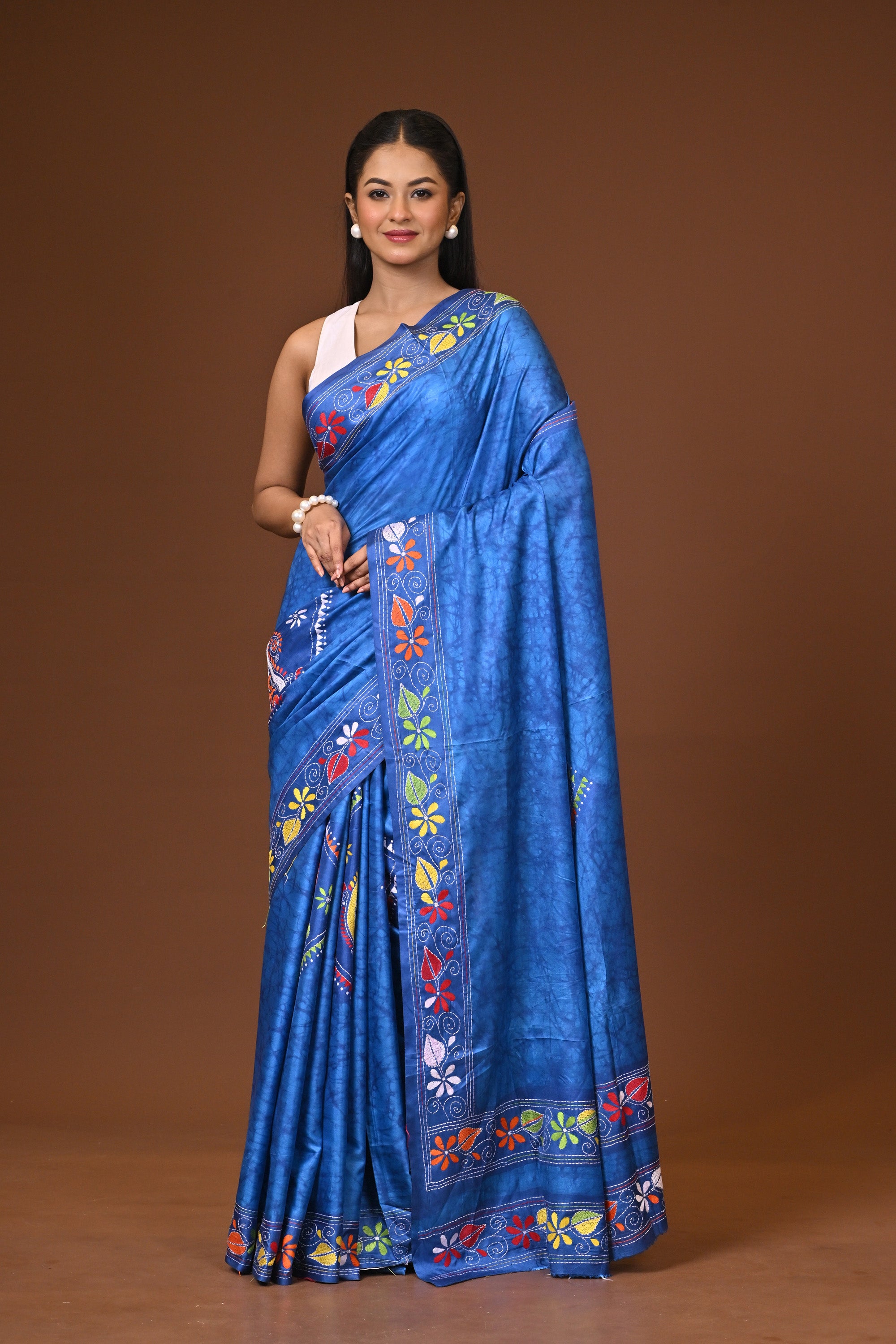Blended Silk Kantha Stitch Saree Blue Thumbnail