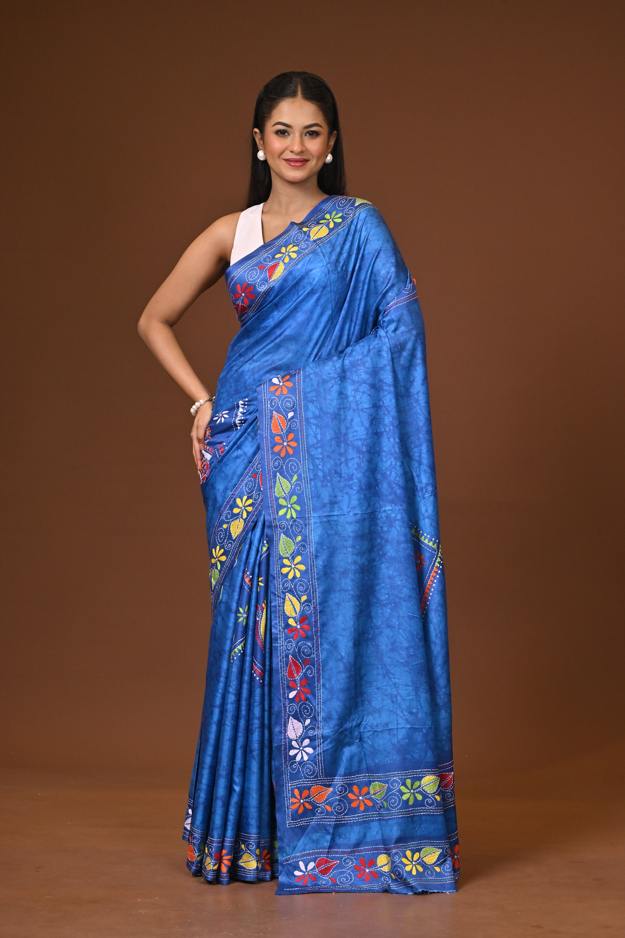 Blended Silk Kantha Stitch Saree Blue Thumbnail