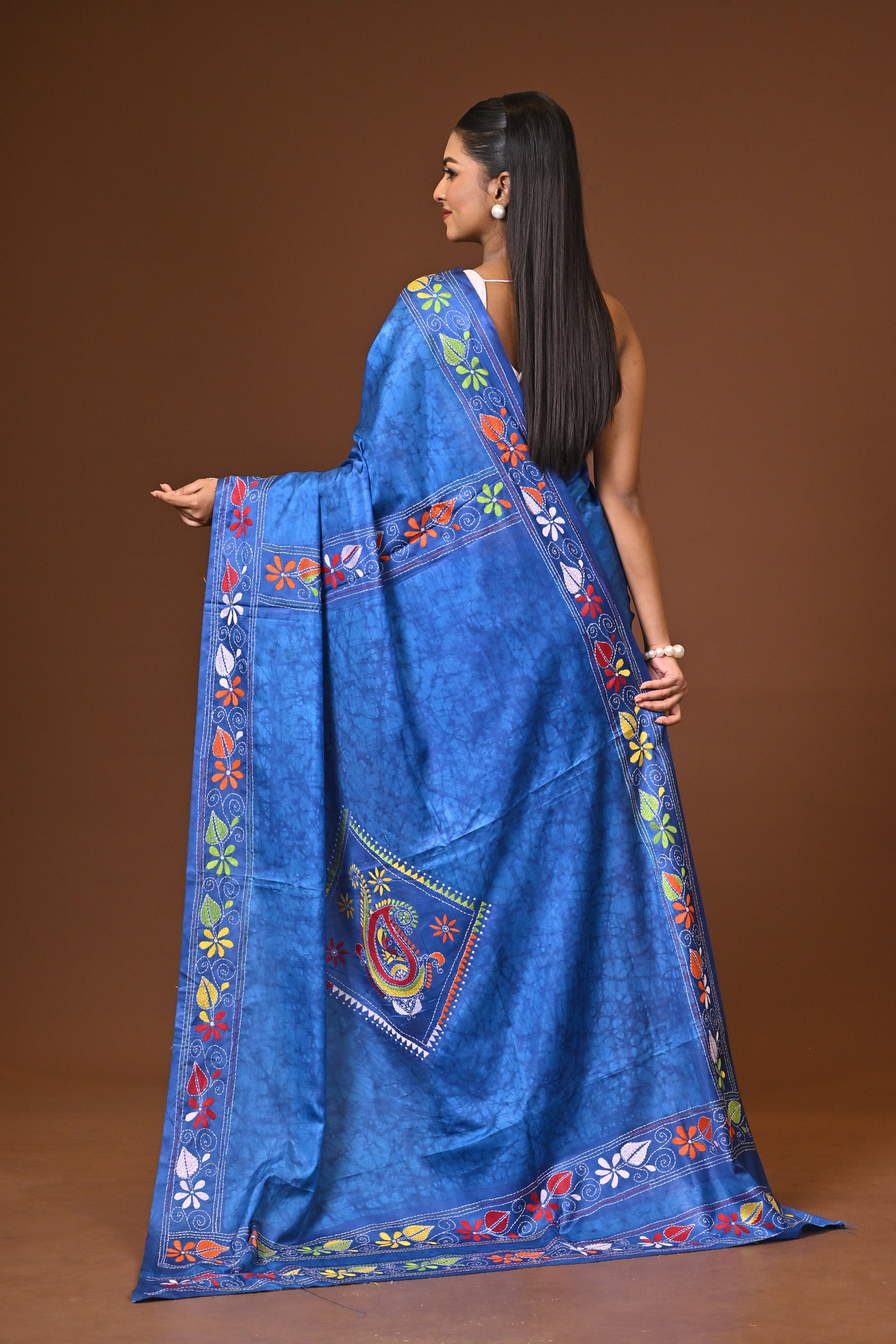 Blended Silk Kantha Stitch Saree Blue Thumbnail