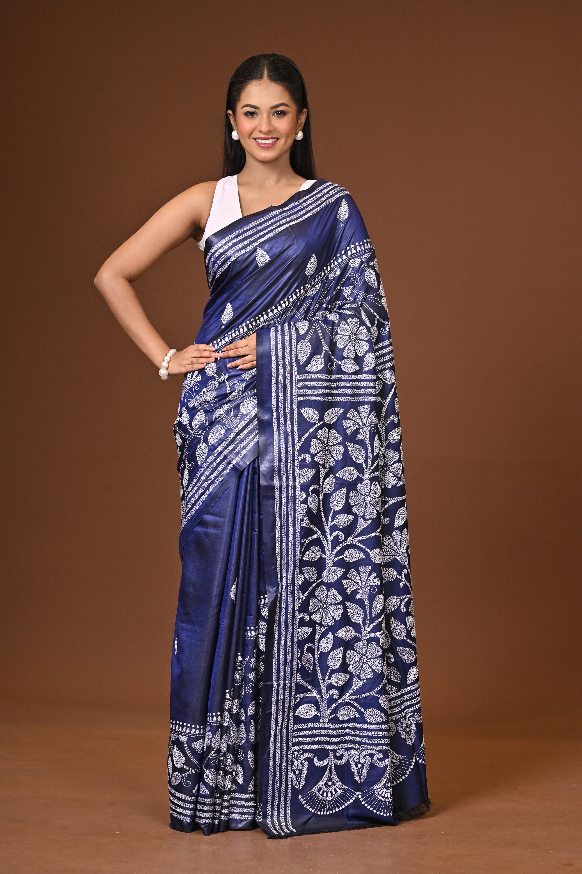 Blended Silk Kantha Stitch Saree Blue Thumbnail