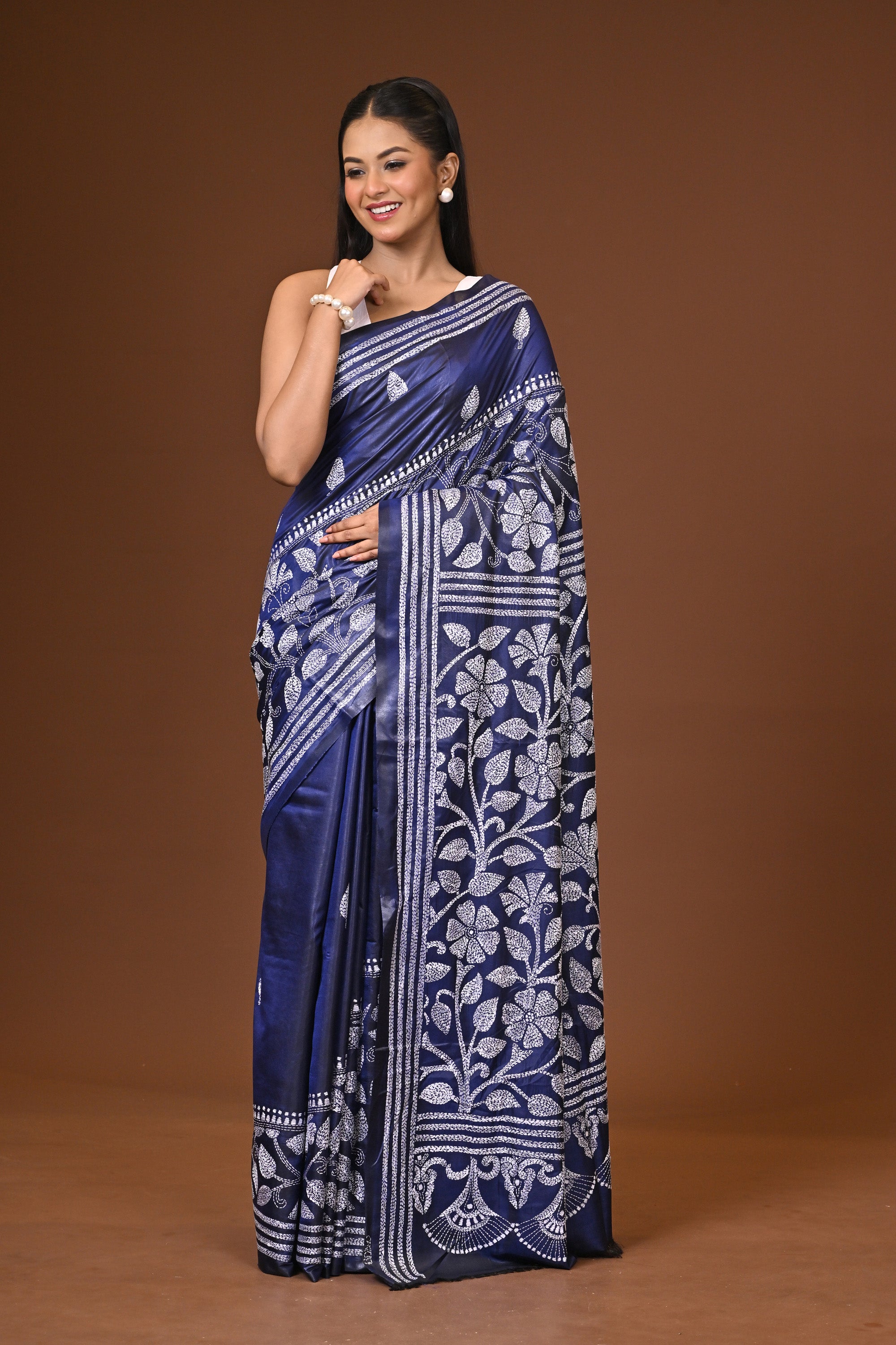 Blended Silk Kantha Stitch Saree Blue Thumbnail
