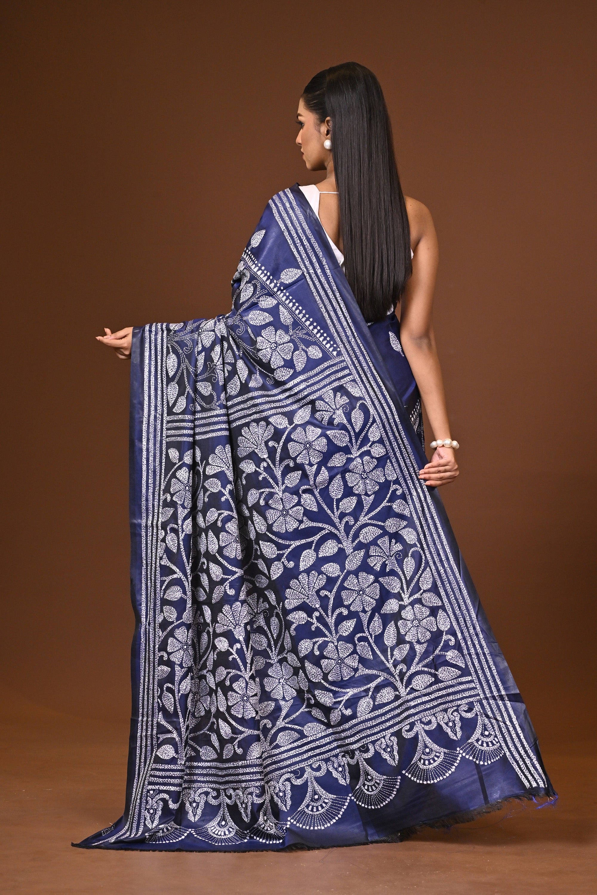 Blended Silk Kantha Stitch Saree Blue Thumbnail