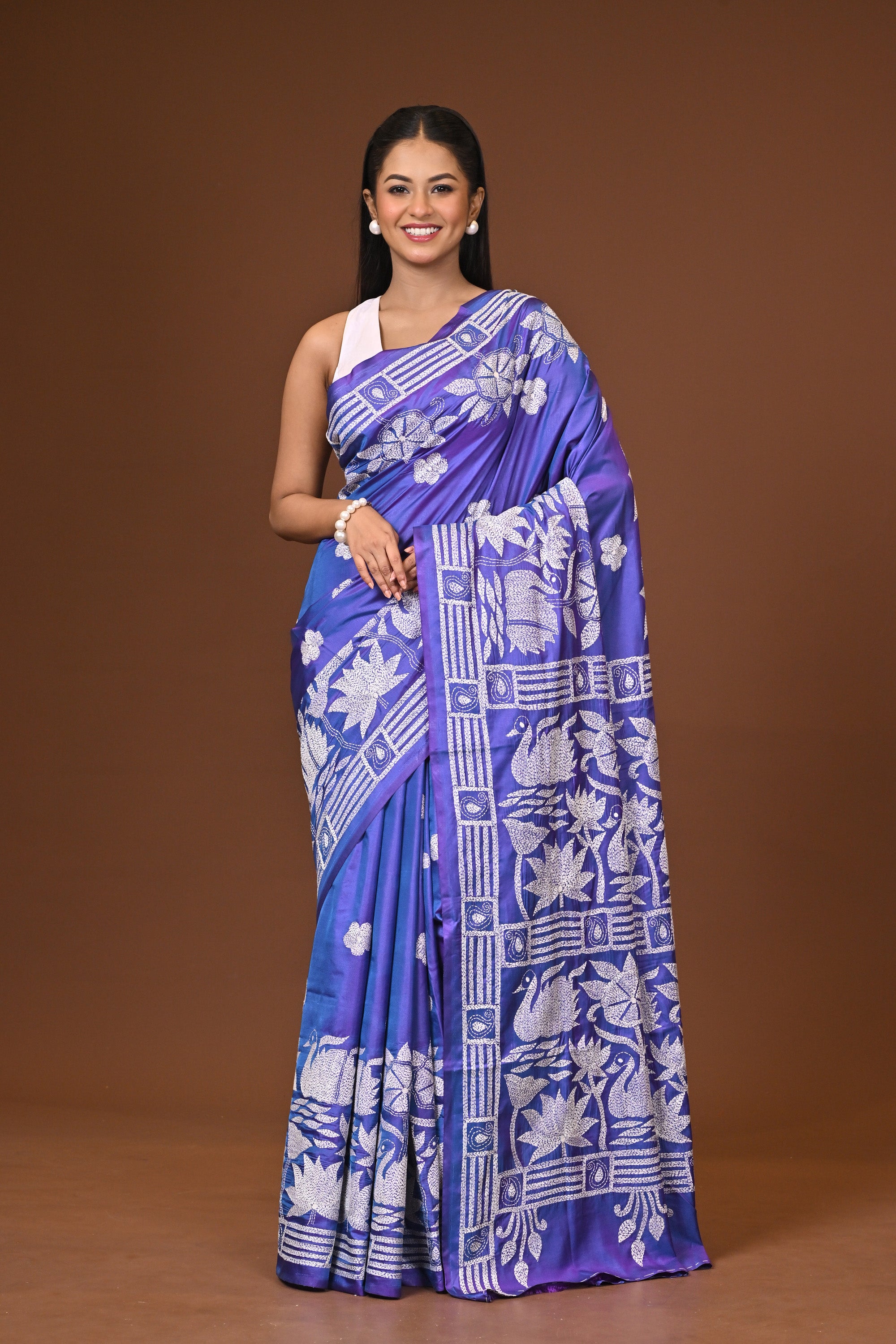 Blended Silk Kantha Stitch Saree Blue