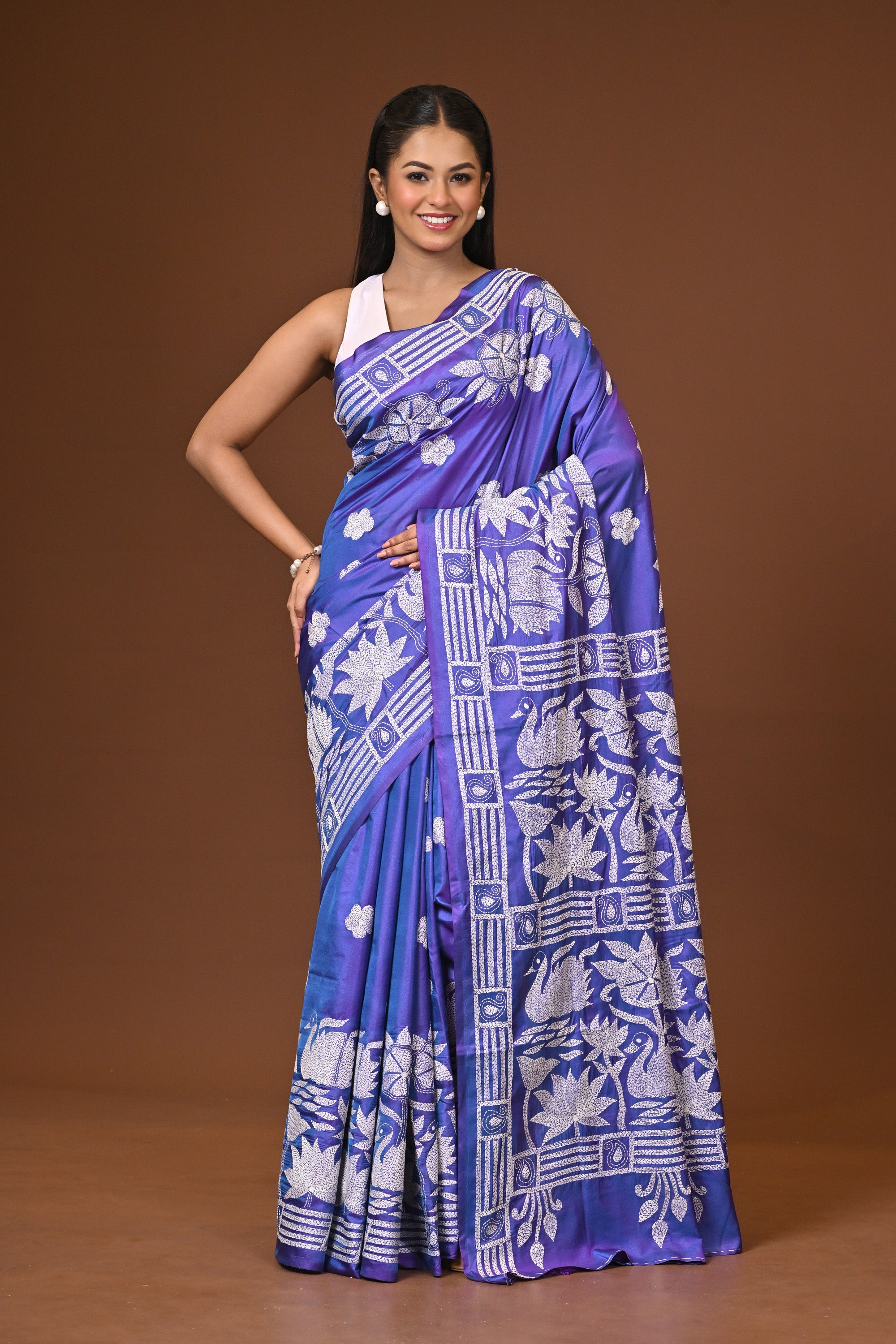 Blended Silk Kantha Stitch Saree Blue Thumbnail