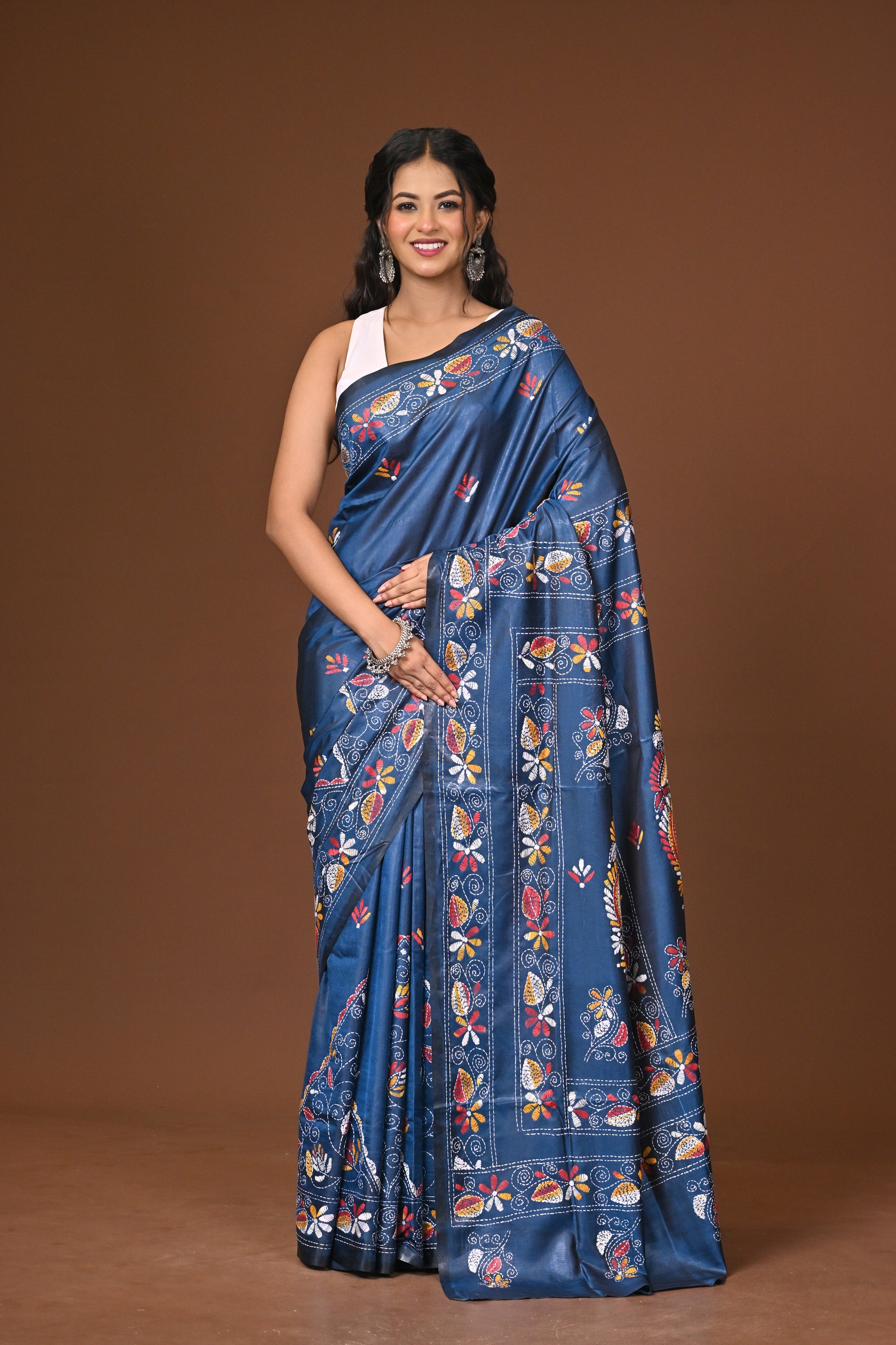 Blended Silk Kantha Stitch Saree Blue Thumbnail