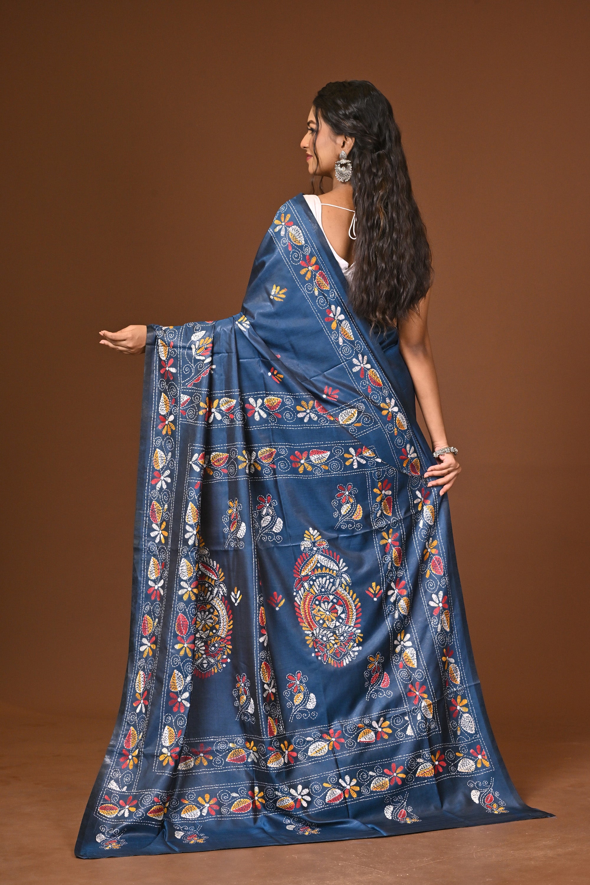 Blended Silk Kantha Stitch Saree Blue Thumbnail