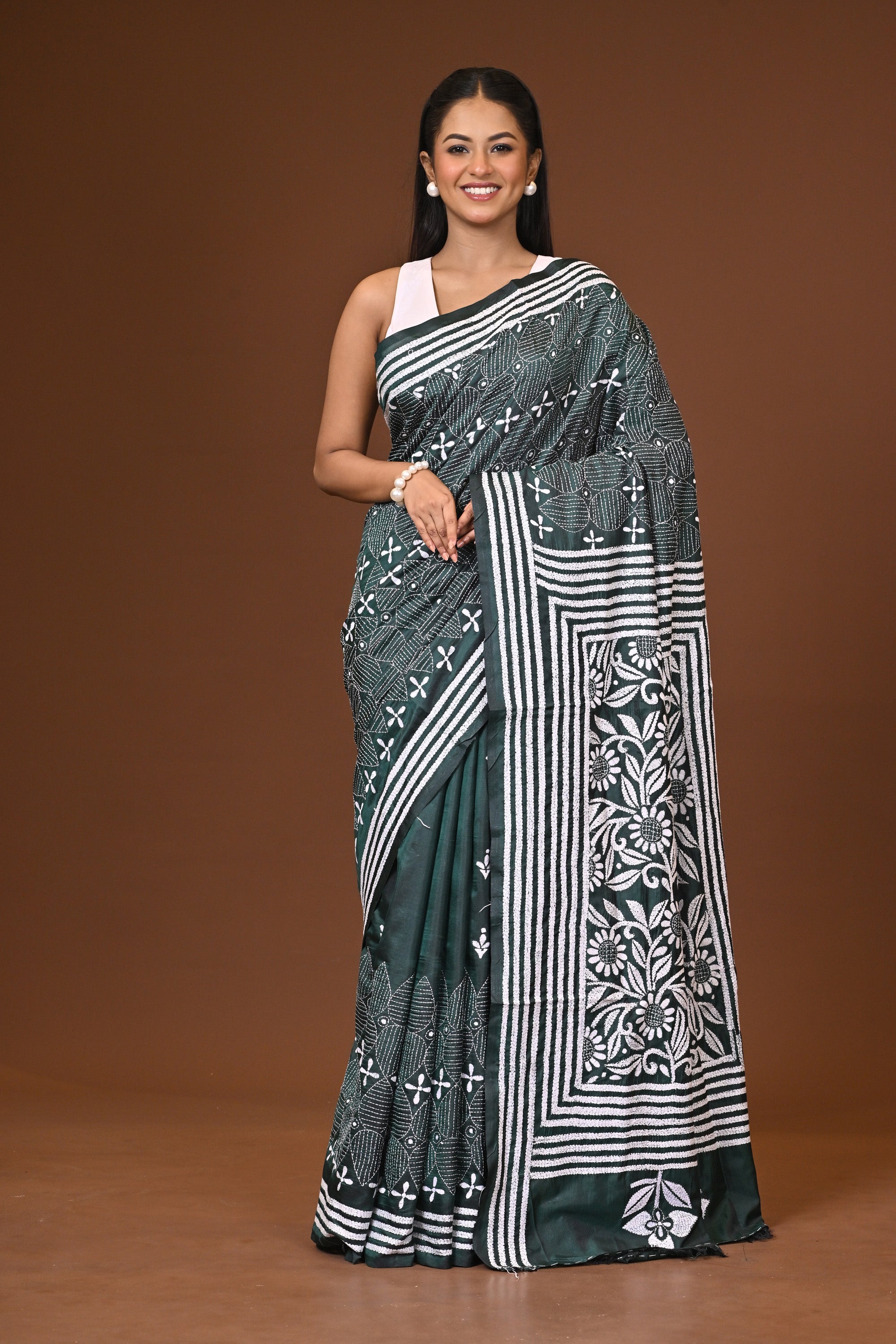 Blended Silk Kantha Stitch Saree Bottle Green