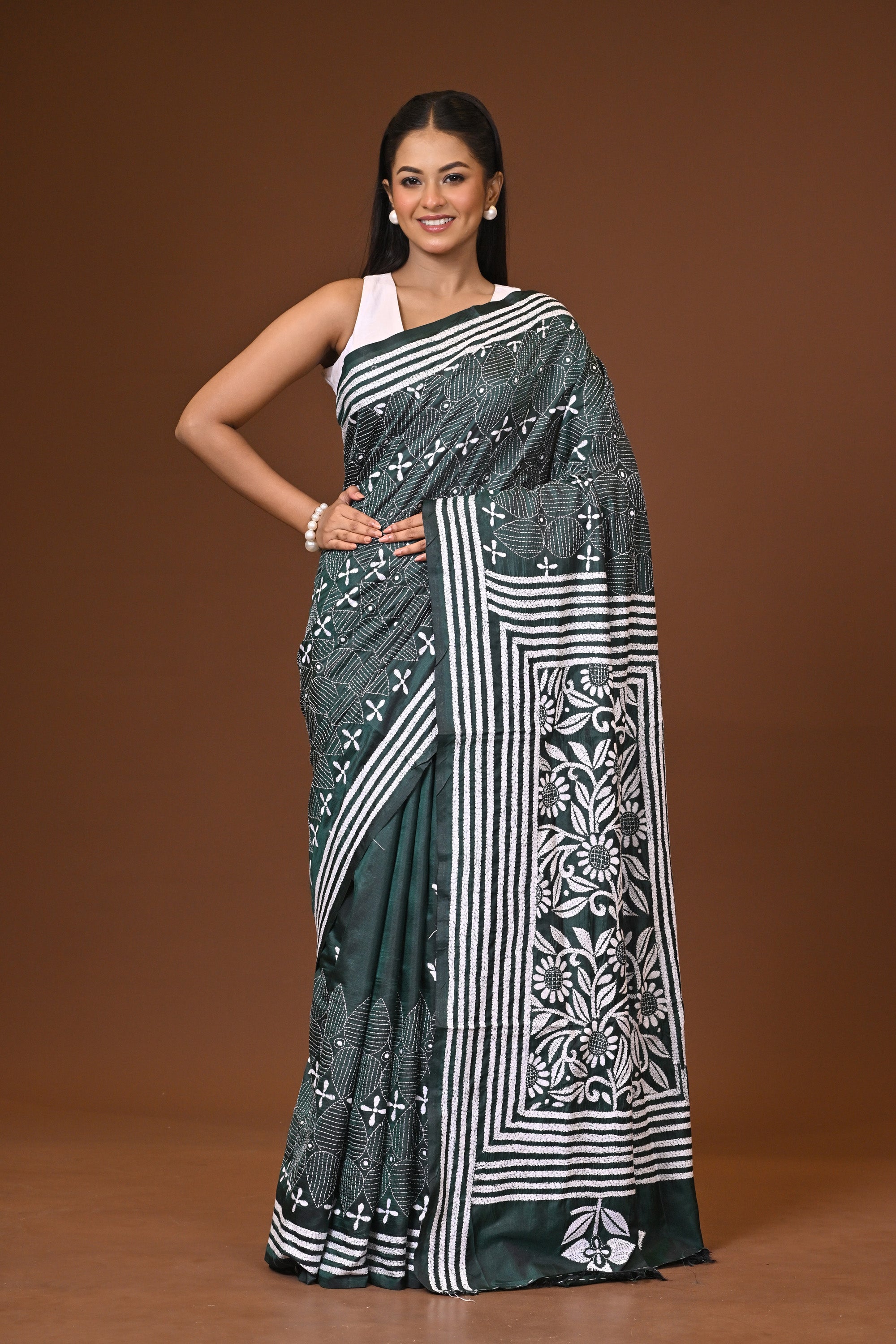 Blended Silk Kantha Stitch Saree Bottle Green Thumbnail