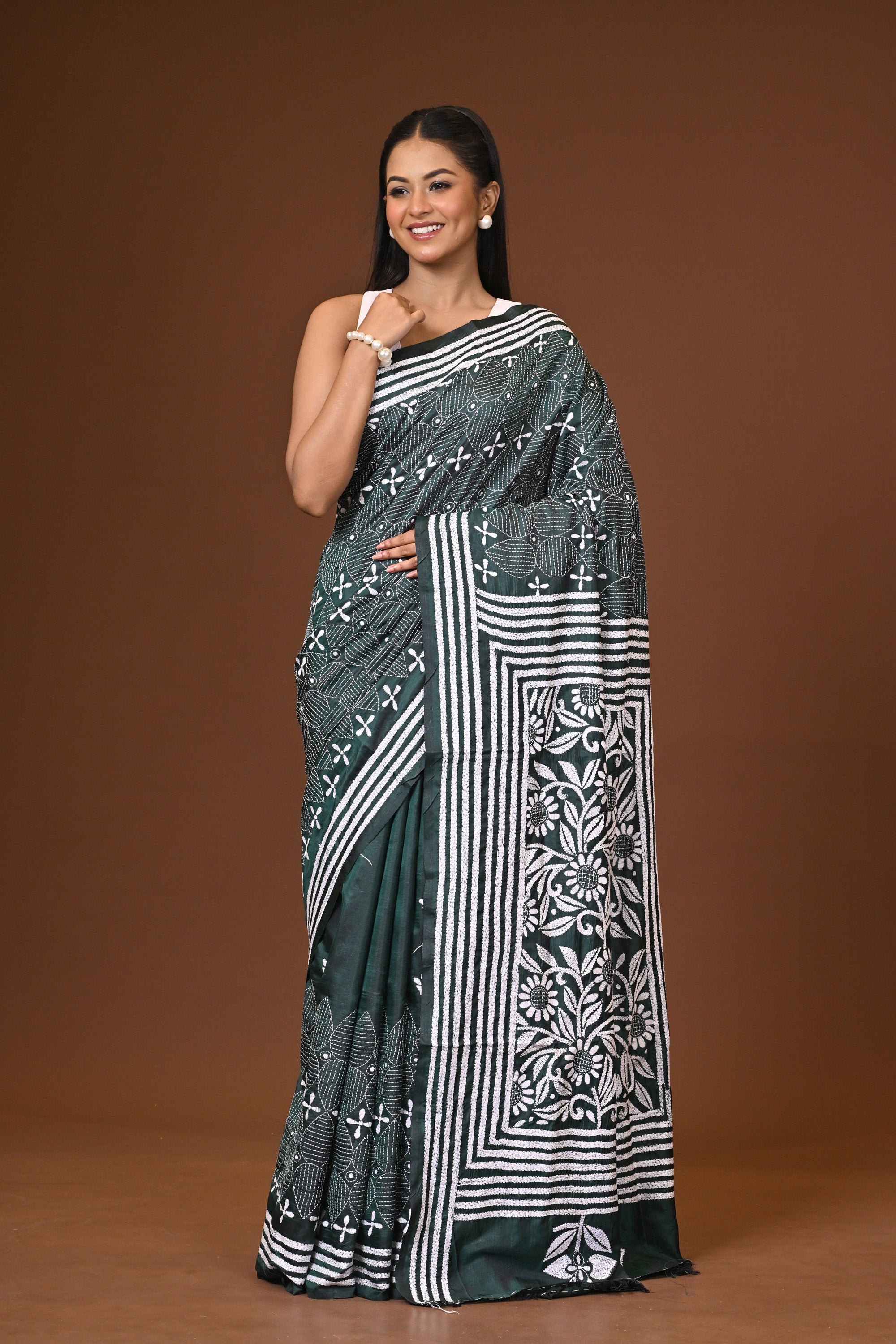 Blended Silk Kantha Stitch Saree Bottle Green Thumbnail