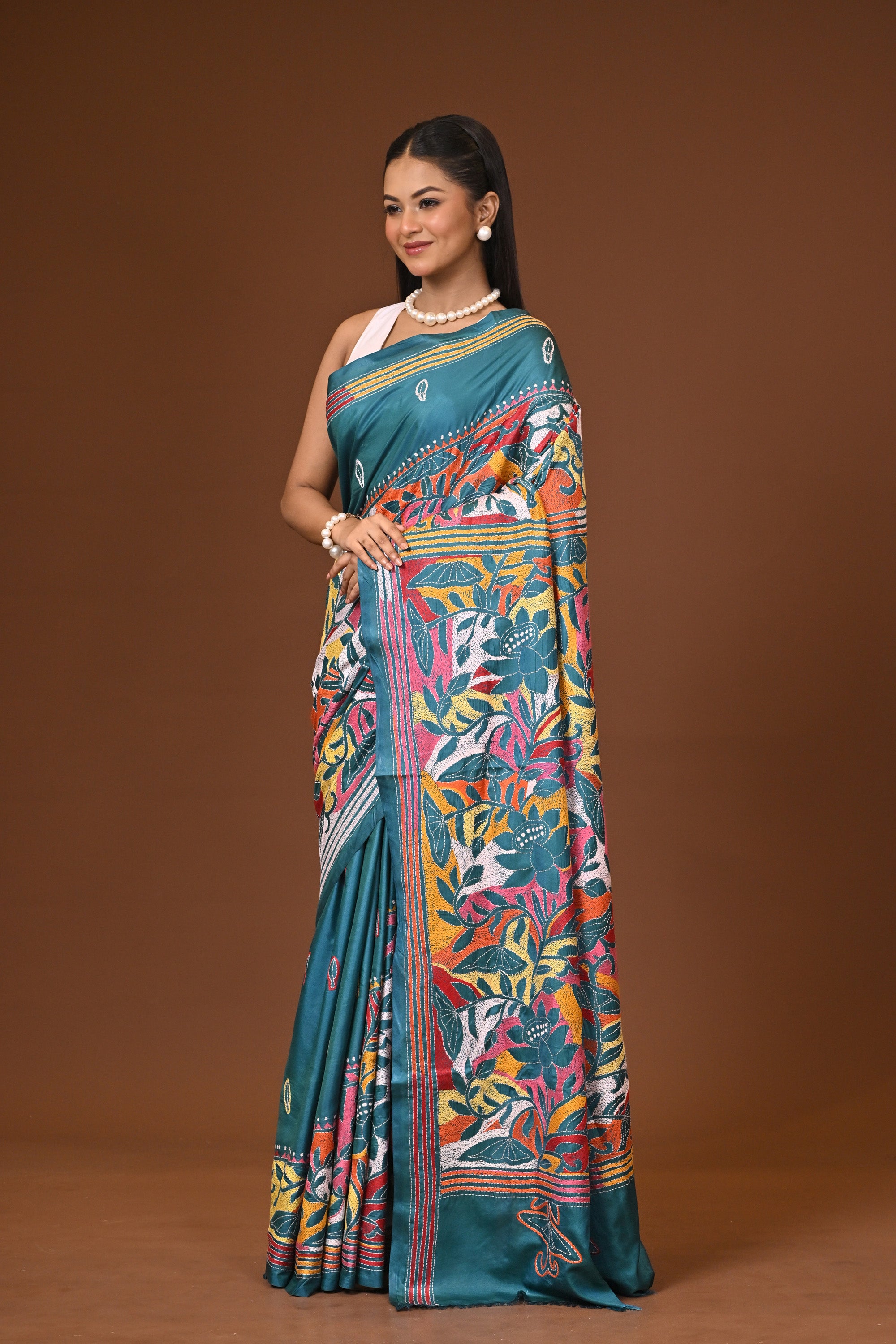 Blended Silk Kantha Stitch Saree Bottle Green Thumbnail
