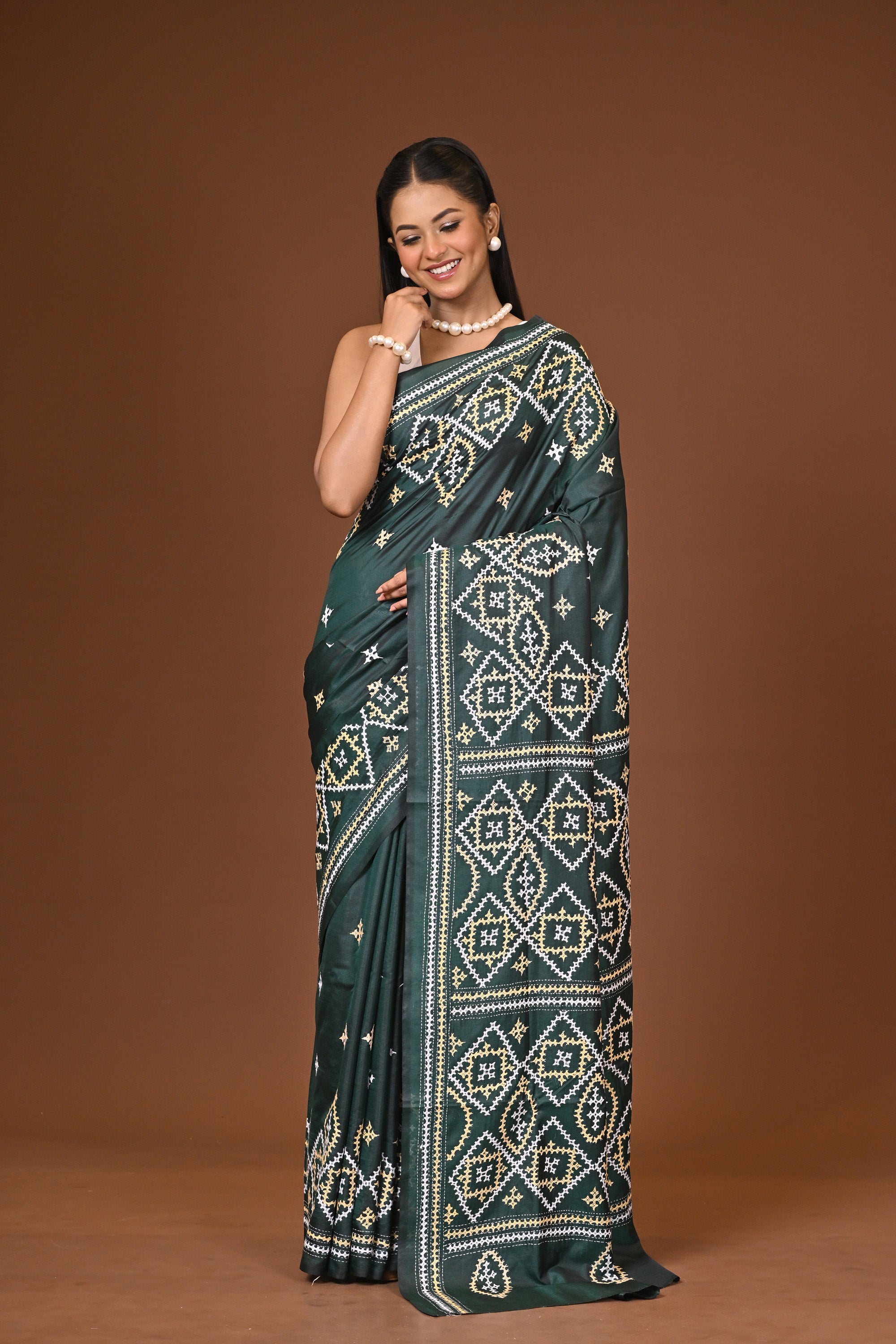 Blended Silk Kantha Stitch Saree Bottle Green Thumbnail