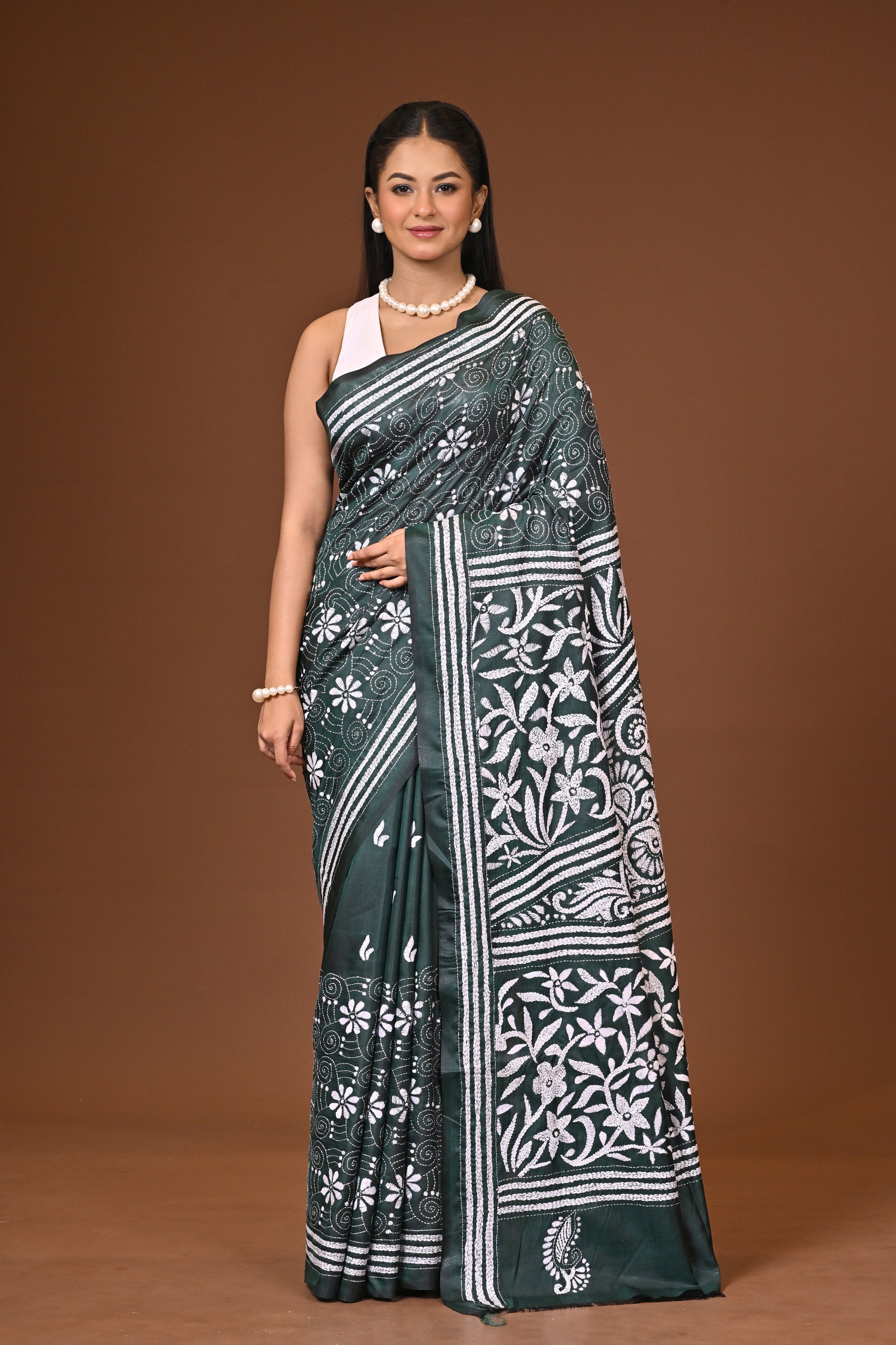 Blended Silk Kantha Stitch Saree Bottle Green