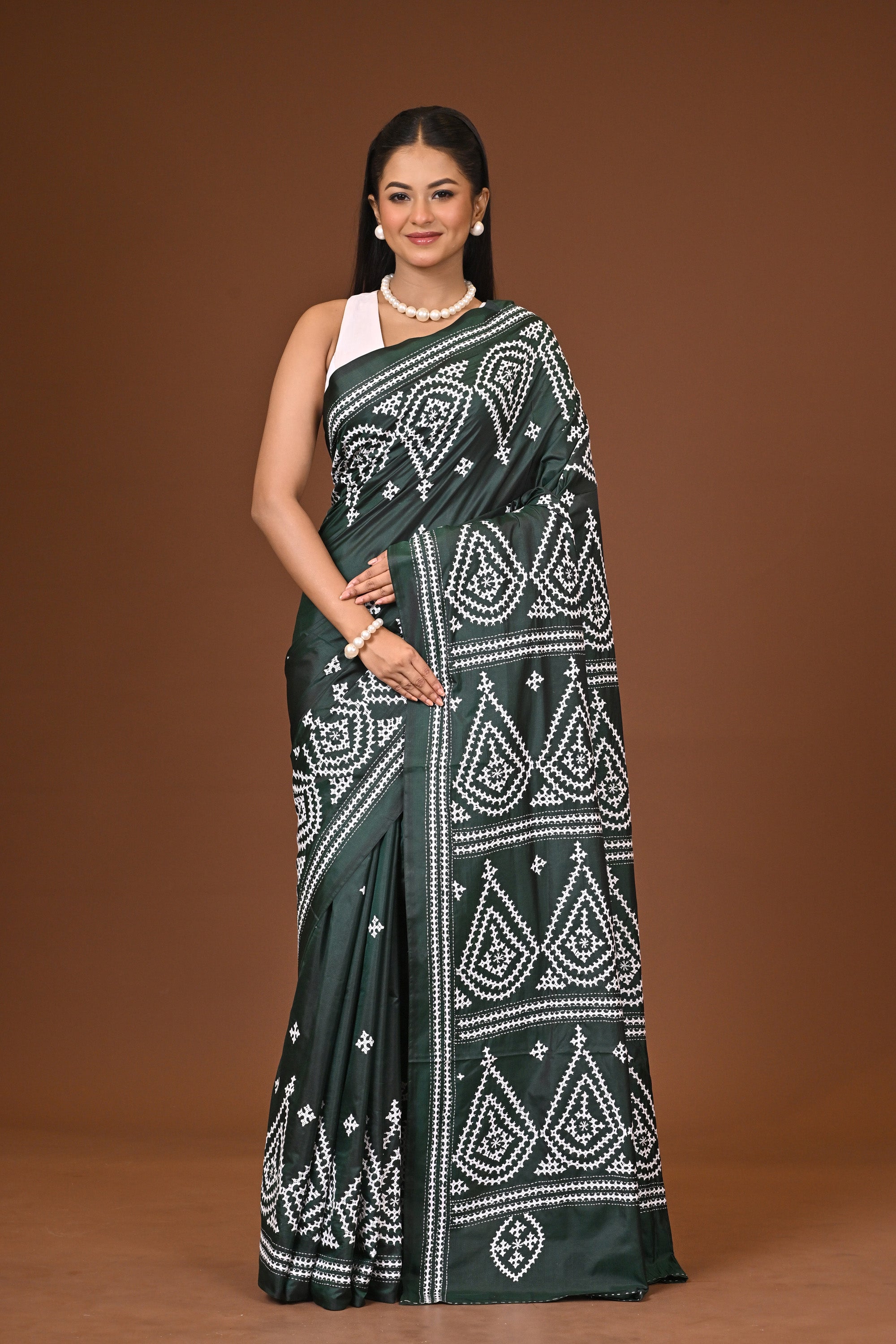 Blended Silk Kantha Stitch Saree Bottle Green Thumbnail