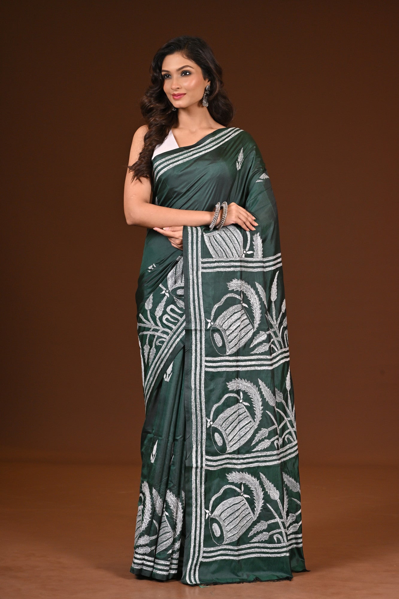 Blended Silk Kantha Stitch Saree Bottle Green Thumbnail