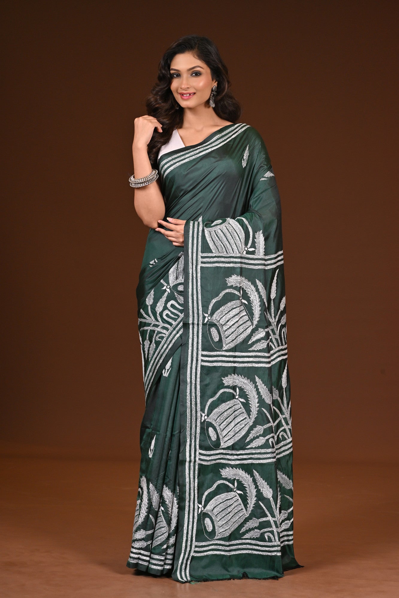 Blended Silk Kantha Stitch Saree Bottle Green Thumbnail
