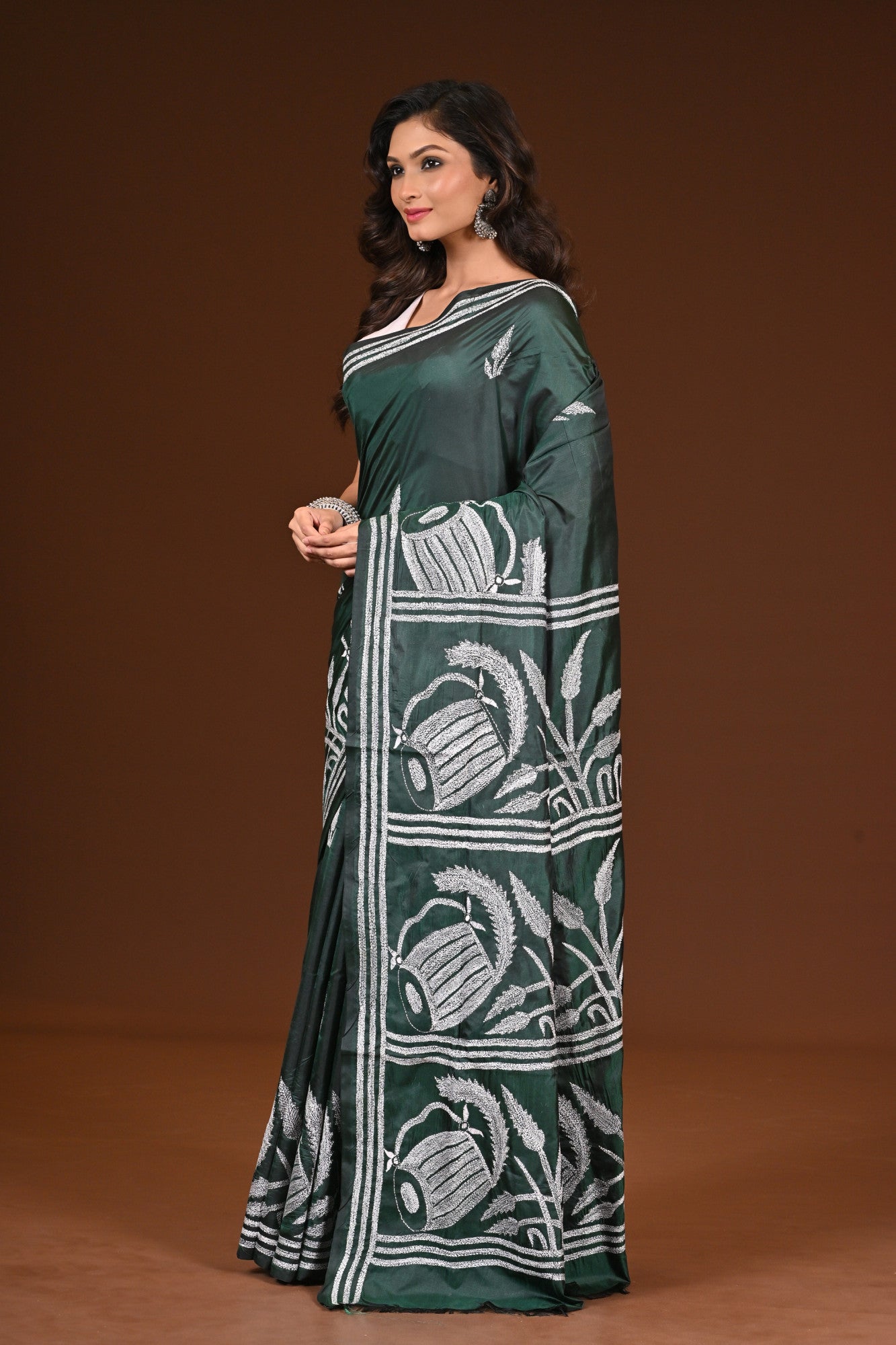 Blended Silk Kantha Stitch Saree Bottle Green Thumbnail