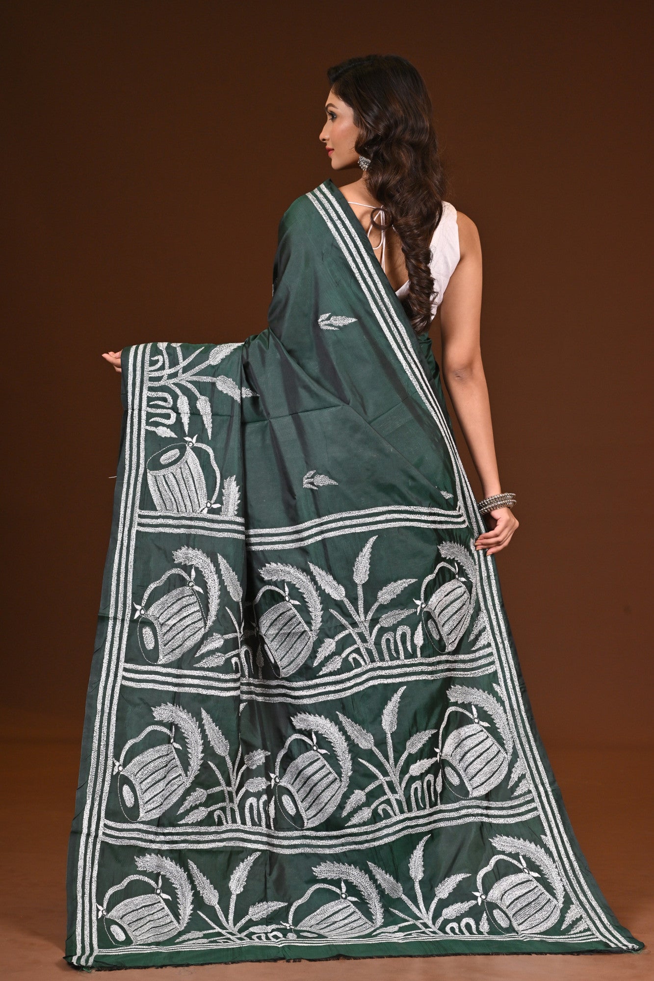 Blended Silk Kantha Stitch Saree Bottle Green Thumbnail