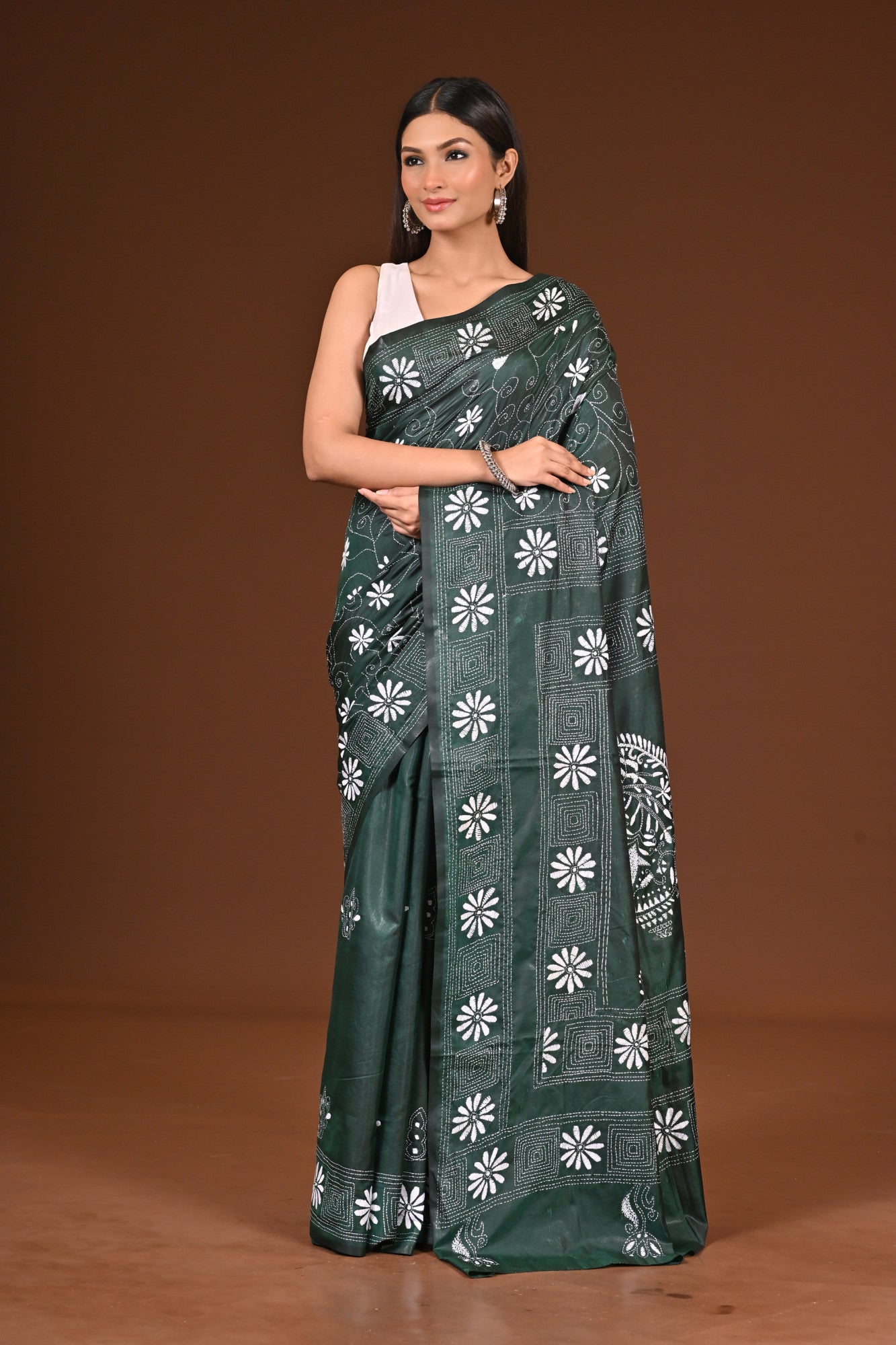 Blended Silk Kantha Stitch Saree Bottle Green Thumbnail