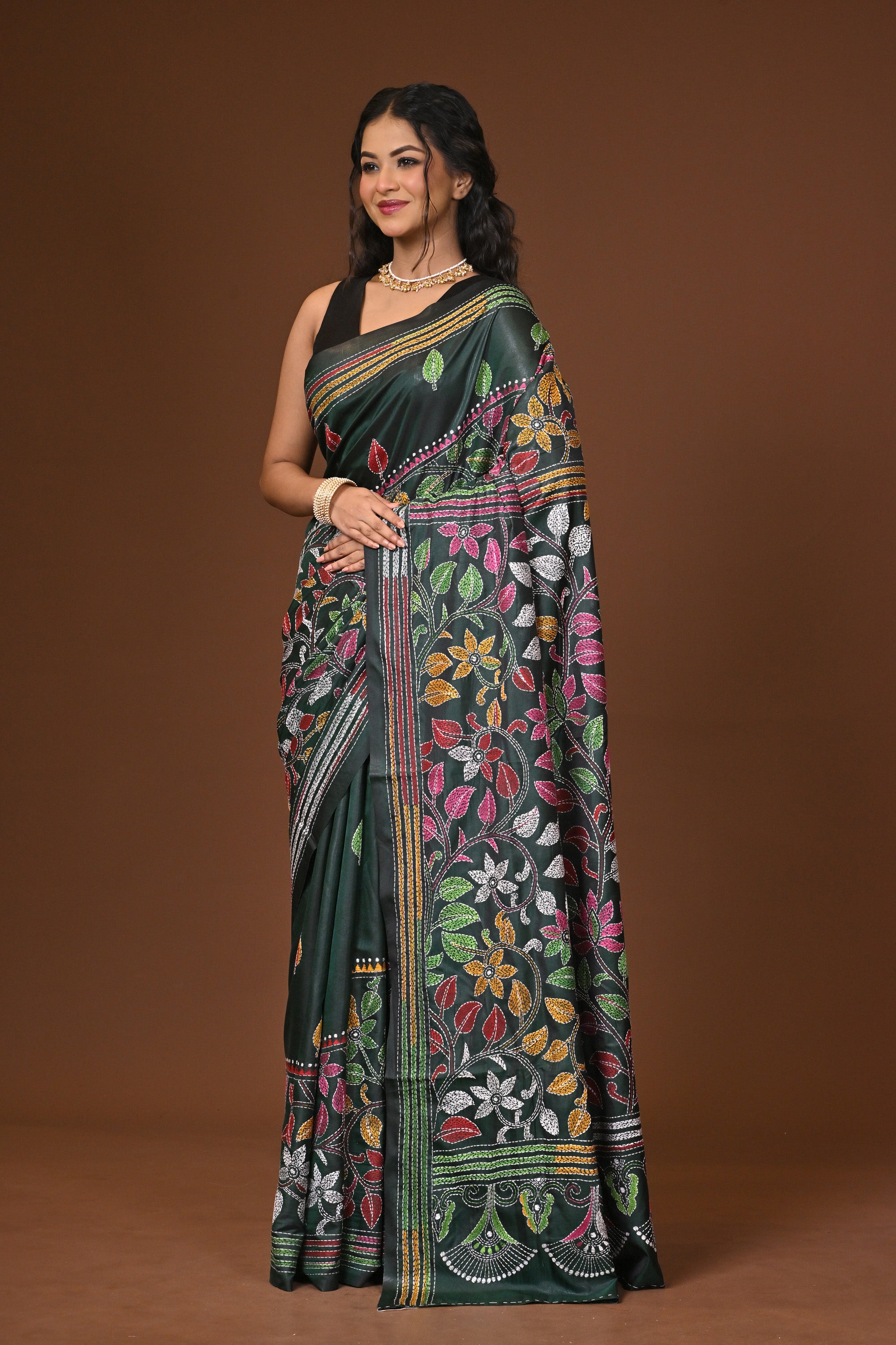 Blended Silk Kantha Stitch Saree Bottle Green Thumbnail