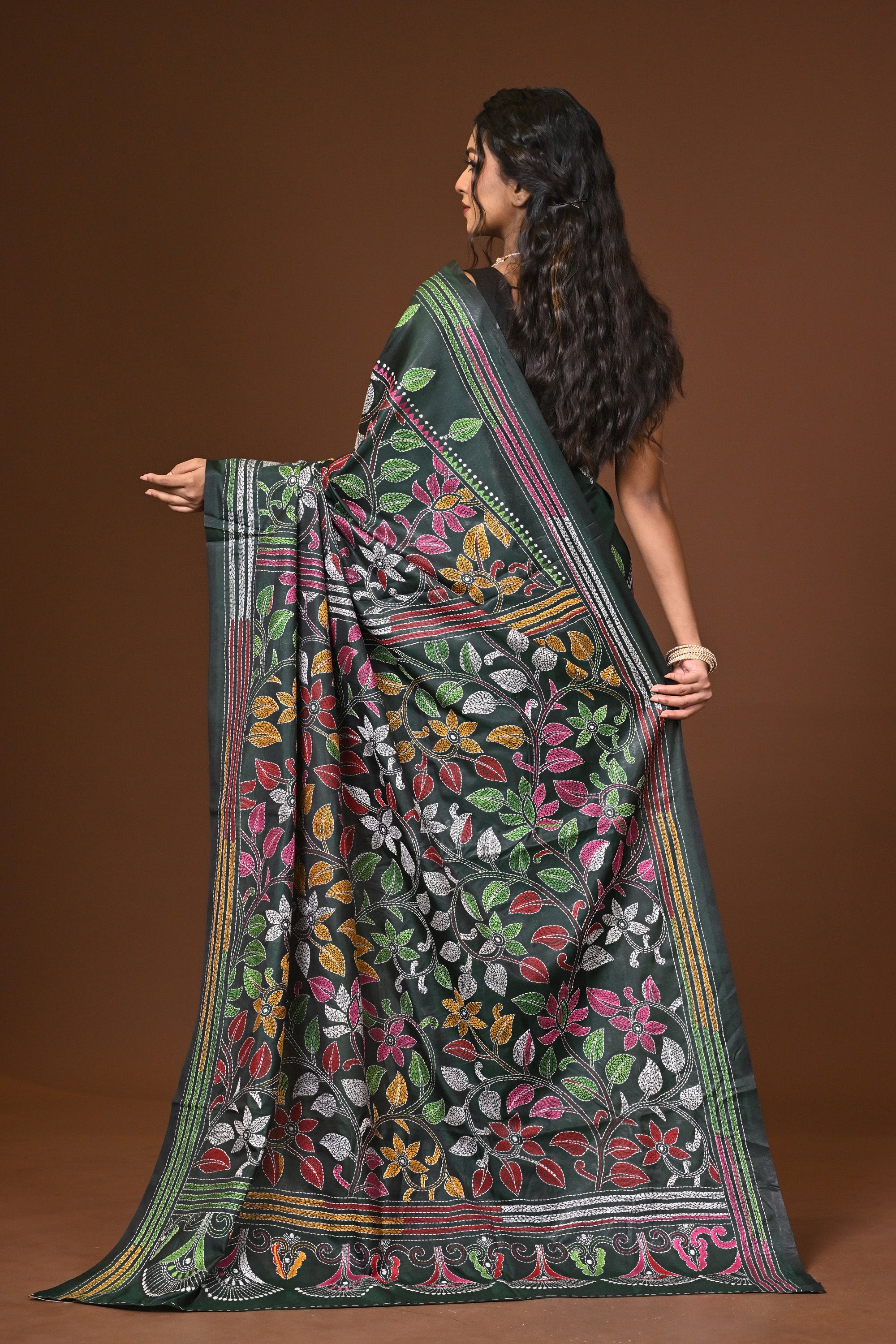 Blended Silk Kantha Stitch Saree Bottle Green Thumbnail