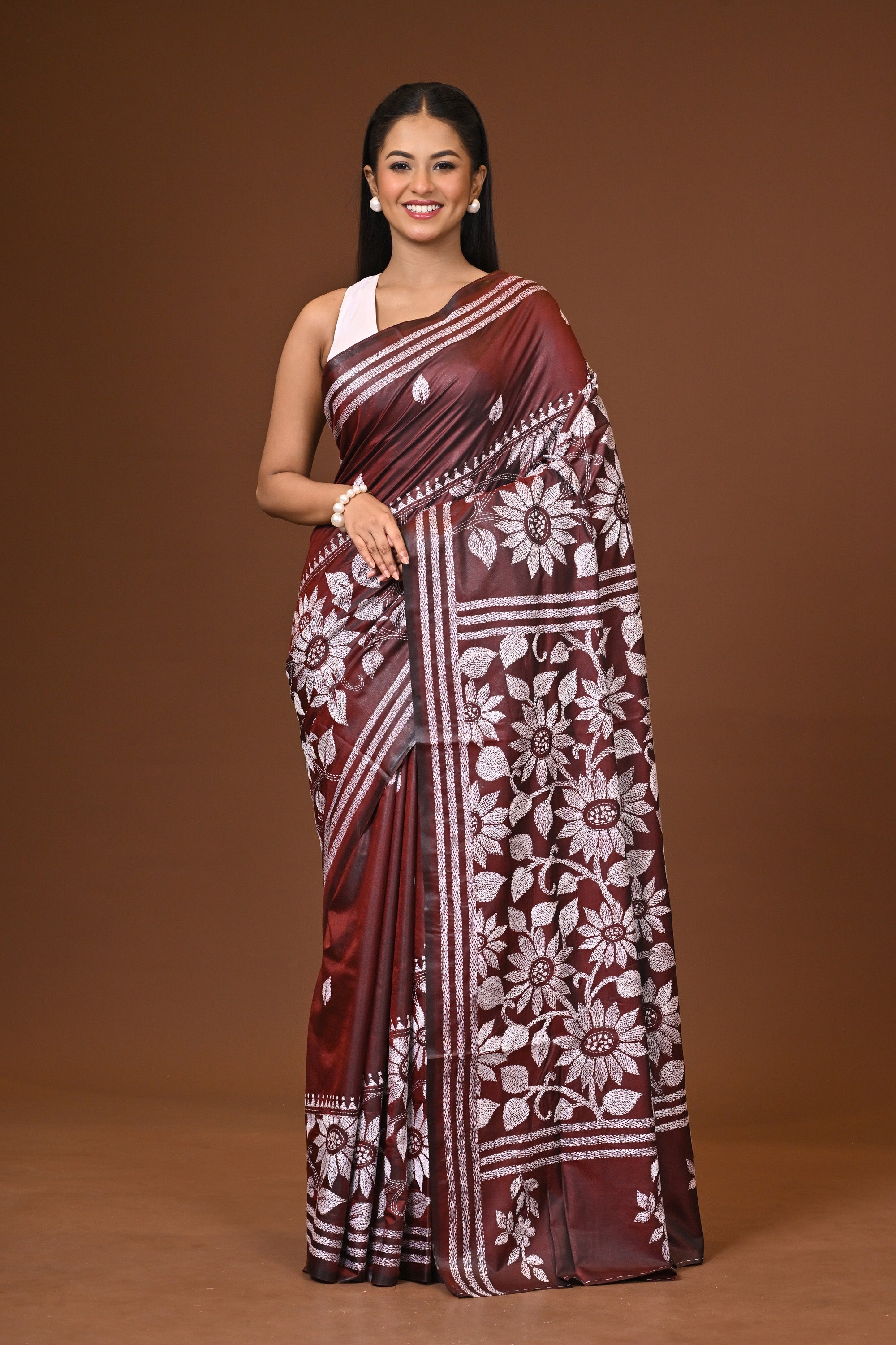 Blended Silk Kantha Stitch Saree Brown
