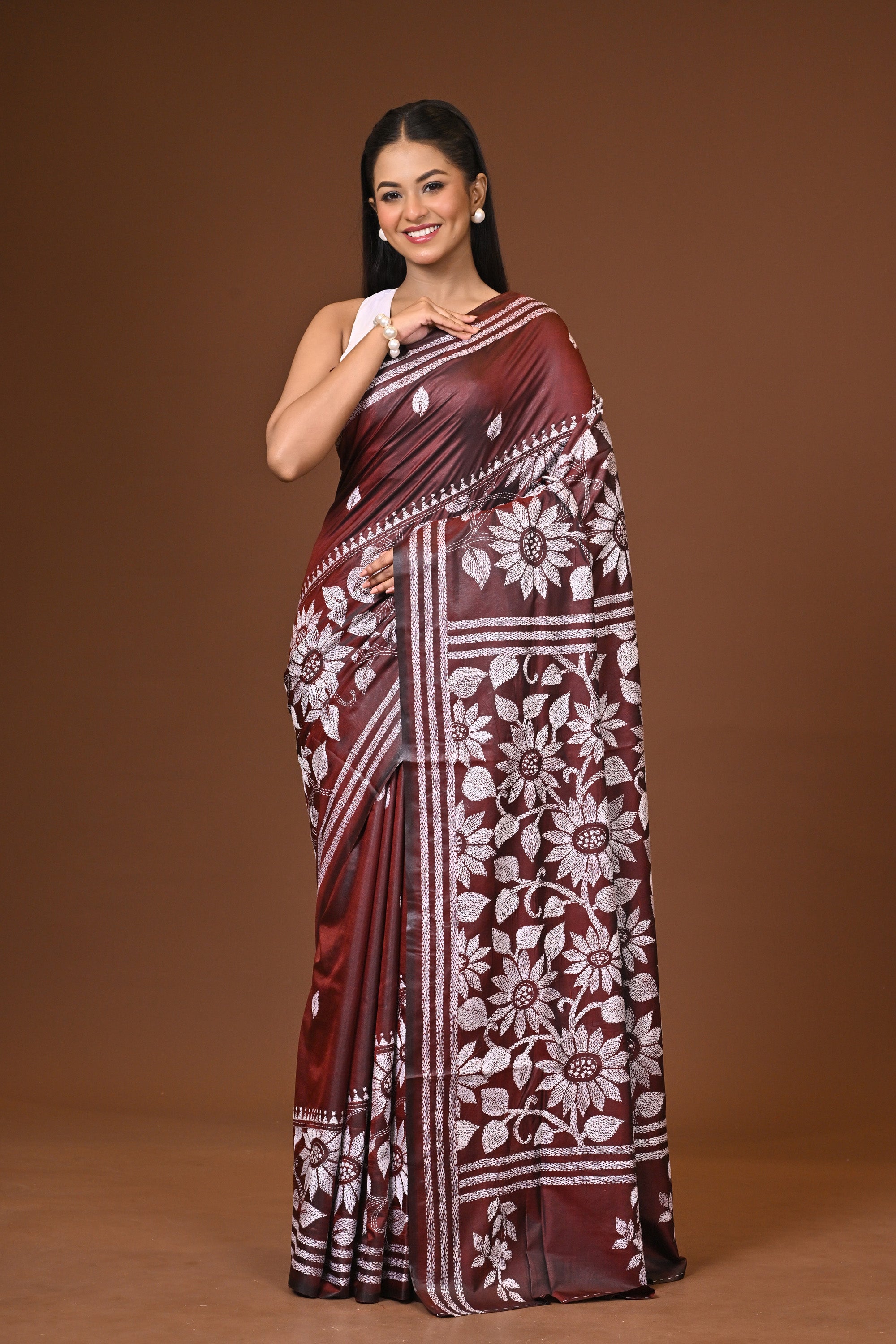 Blended Silk Kantha Stitch Saree Brown Thumbnail