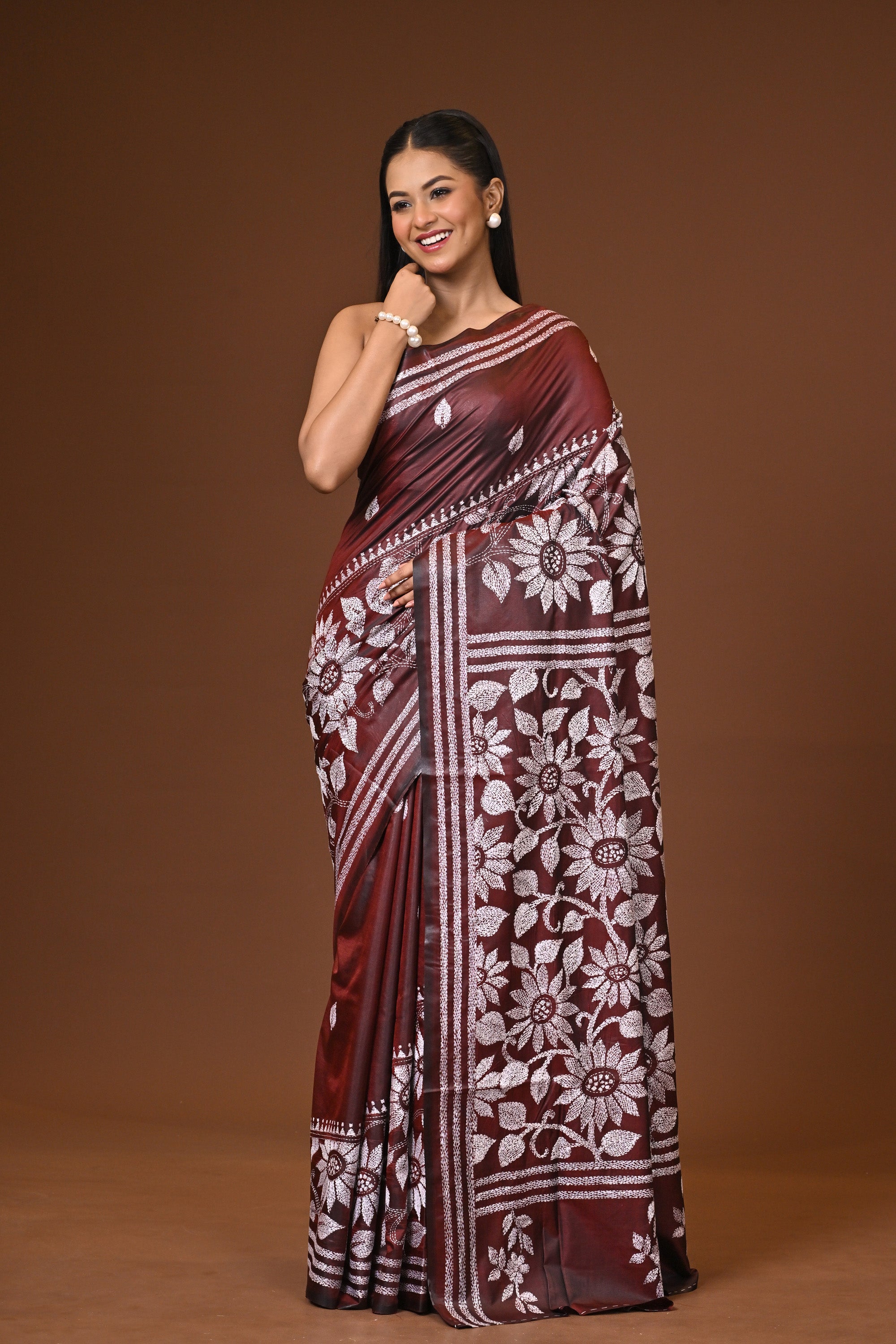 Blended Silk Kantha Stitch Saree Brown Thumbnail