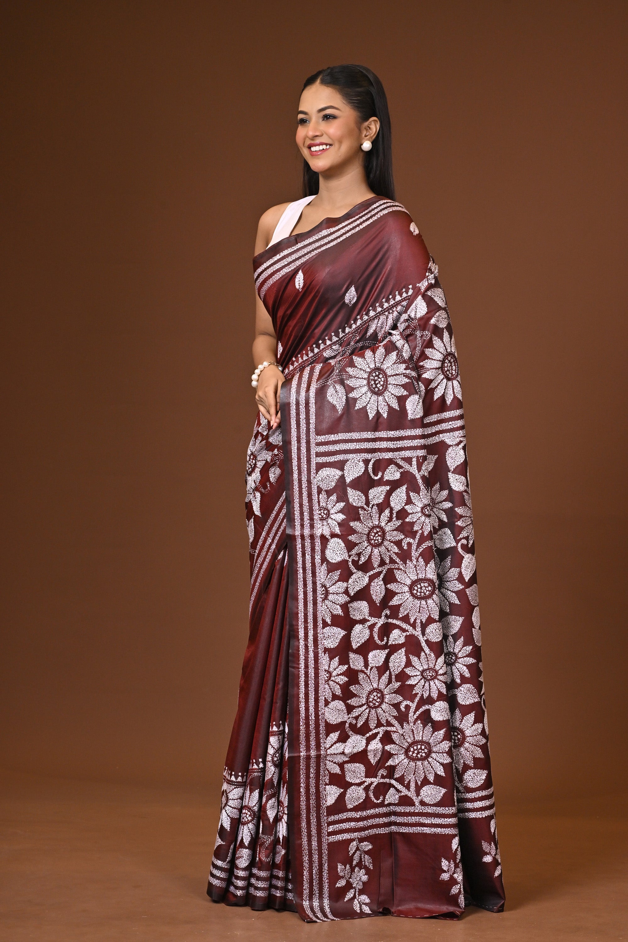 Blended Silk Kantha Stitch Saree Brown Thumbnail