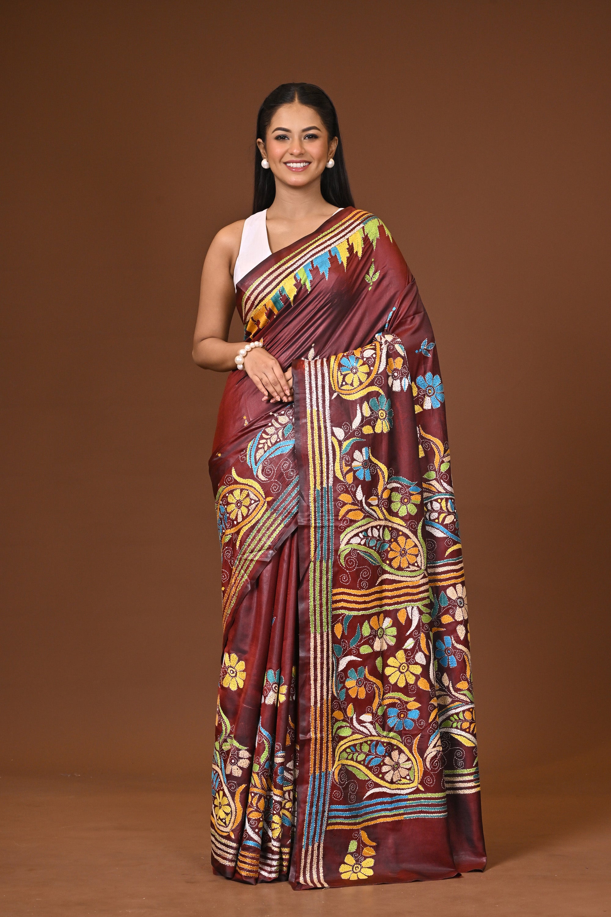 Blended Silk Kantha Stitch Saree Sea Blue