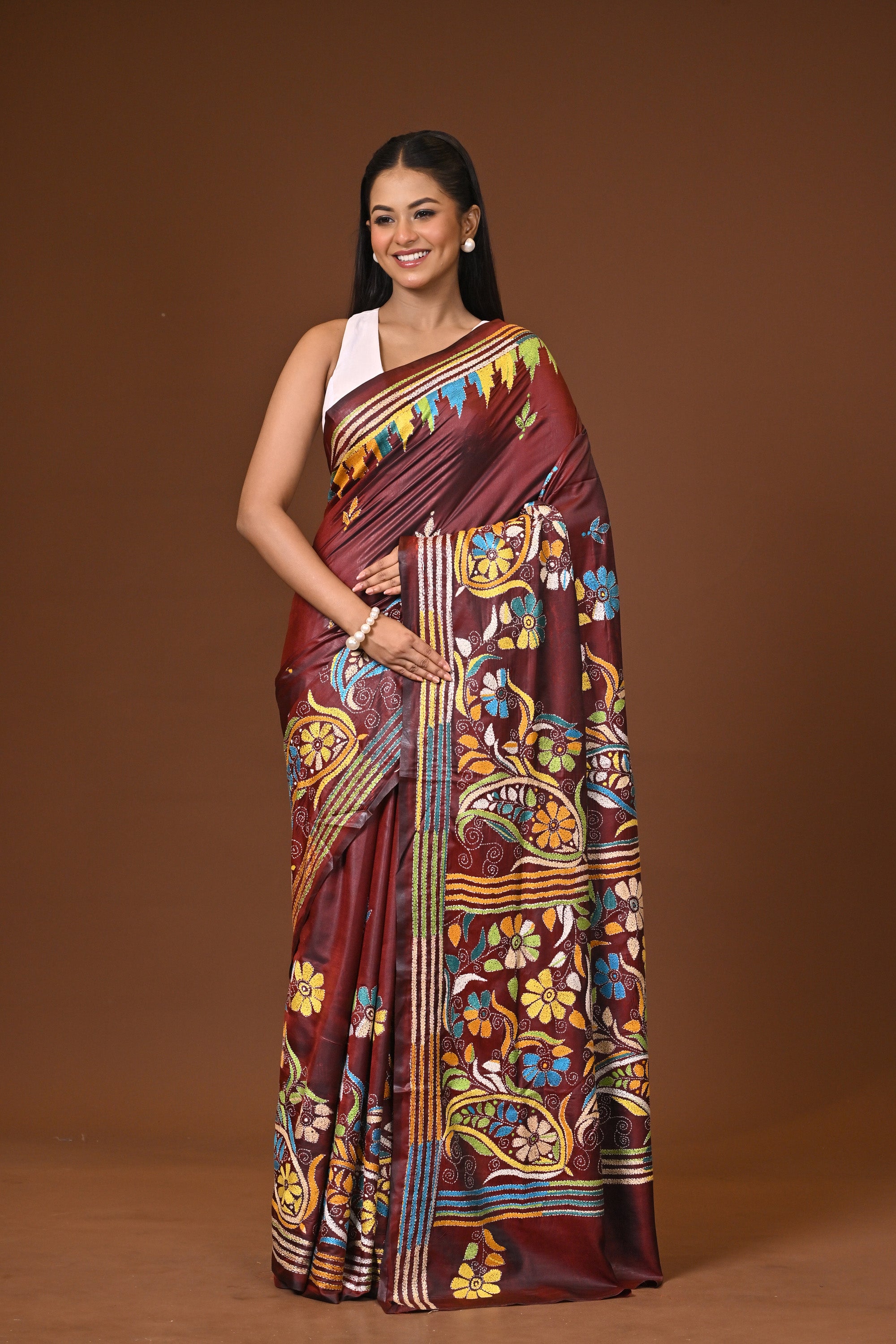 Blended Silk Kantha Stitch Saree Brown Thumbnail