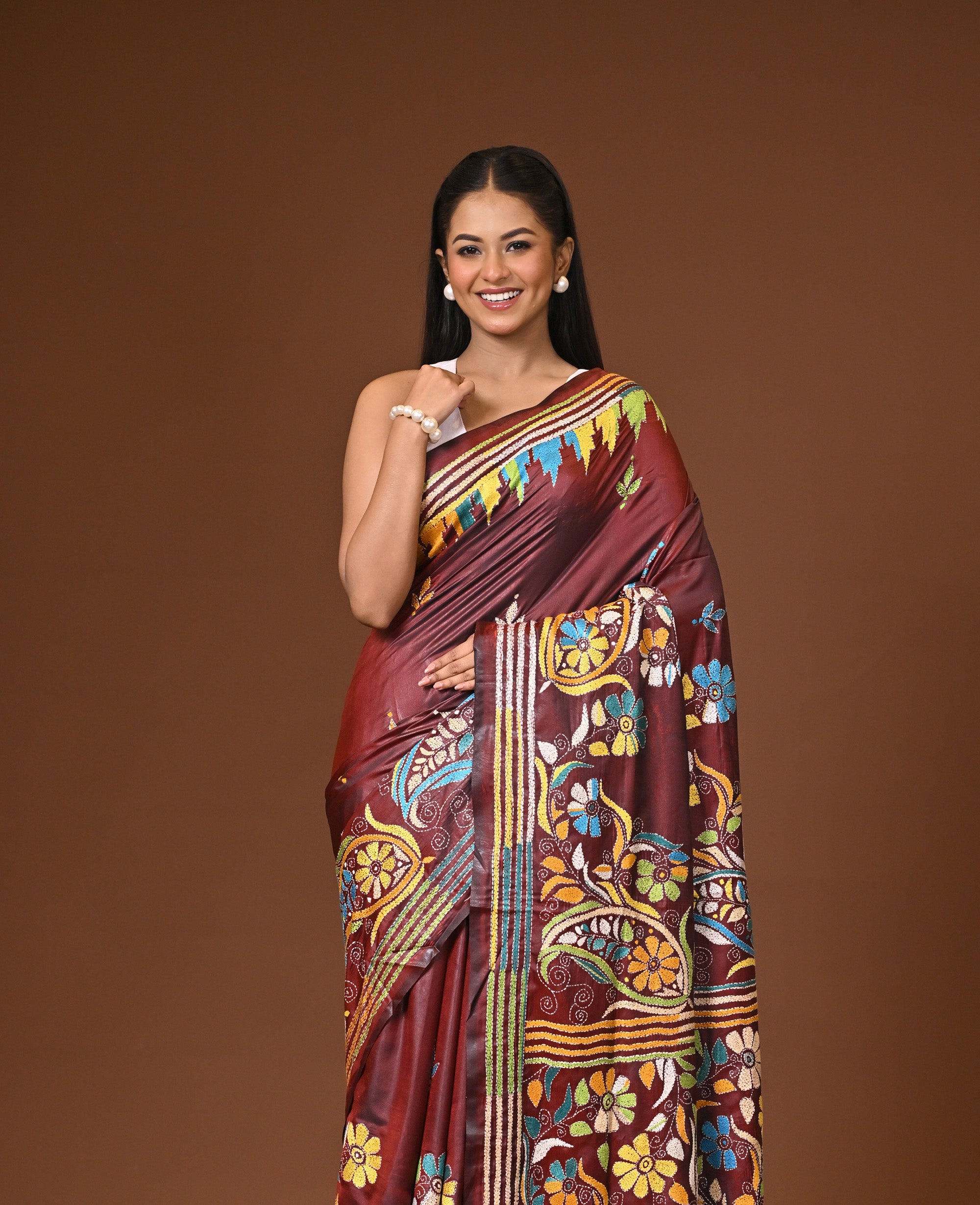 Blended Silk Kantha Stitch Saree Red